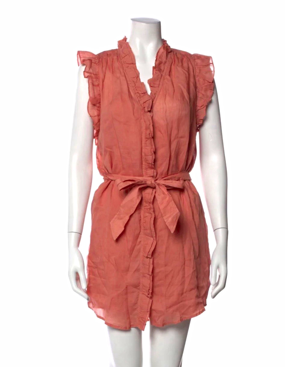 FRAME Terracotta Sleeveless Ruffle Shirt Dress Belted Button Short Size S