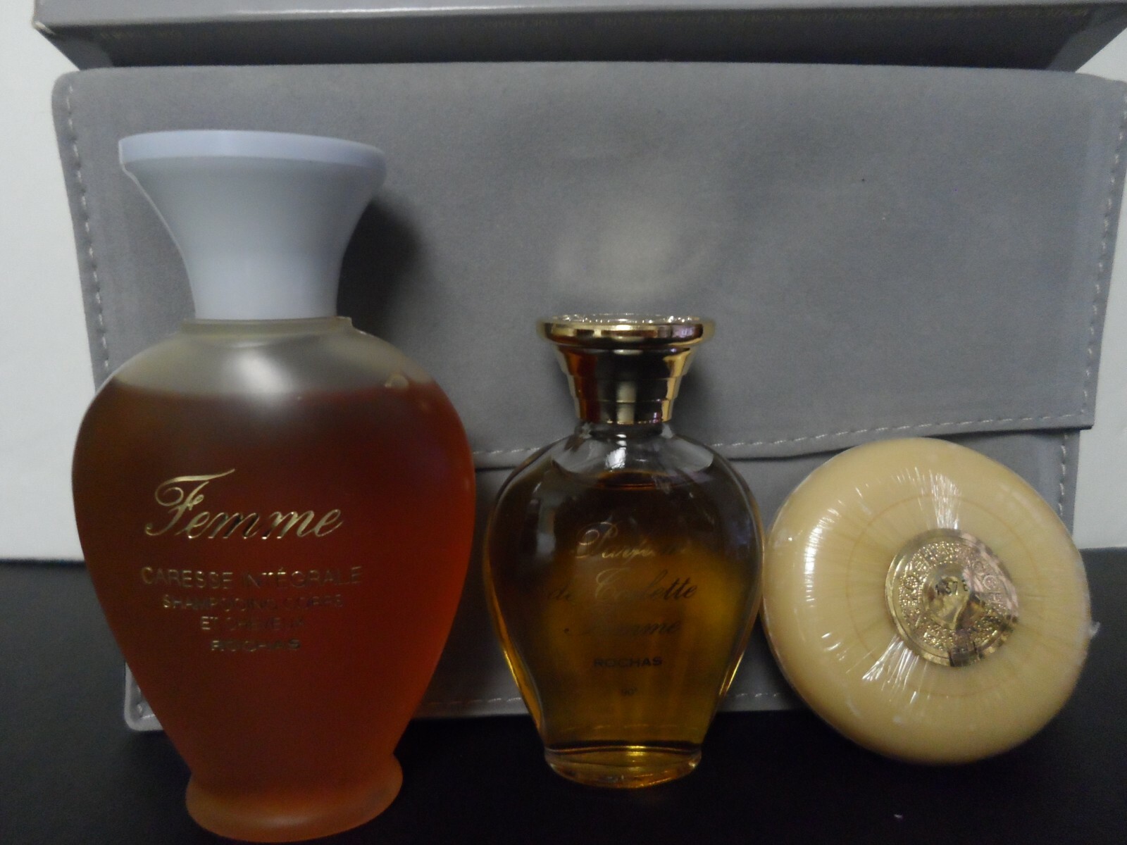 Rochas Femme Vintage PDT Splash 0.78 oz + Soap + Gel , Set With Cosmetic Bag New