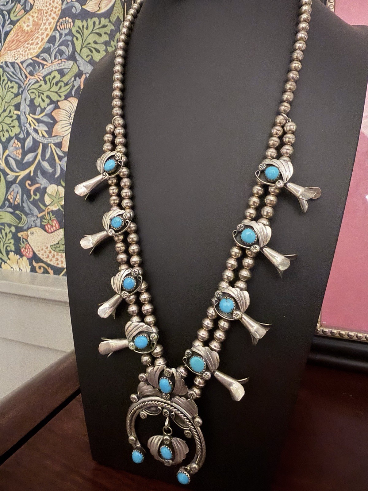 Native American Squash Blossom Turquoise Sterling Silver Vintage
