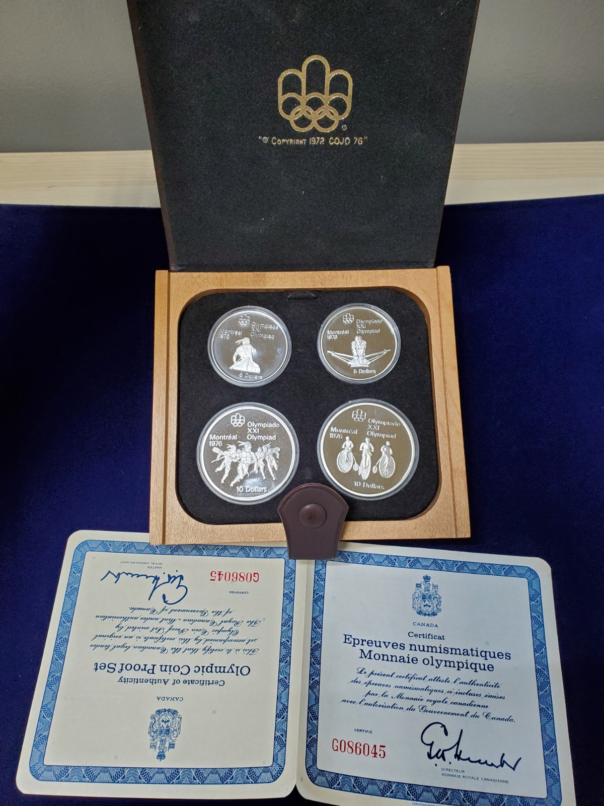 VTG 1976 Olympic Montreal Silver 4 Coin Set W/ Original Wood & Leather Box W/COA