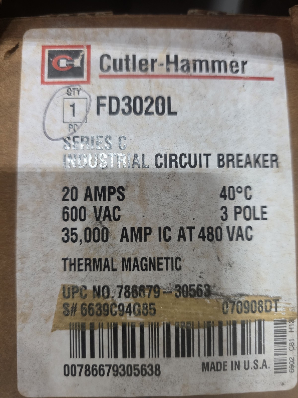 Eaton Cutler Hammer FD3020 3-Pole 3-Phase 20 Amp Circuit Breaker