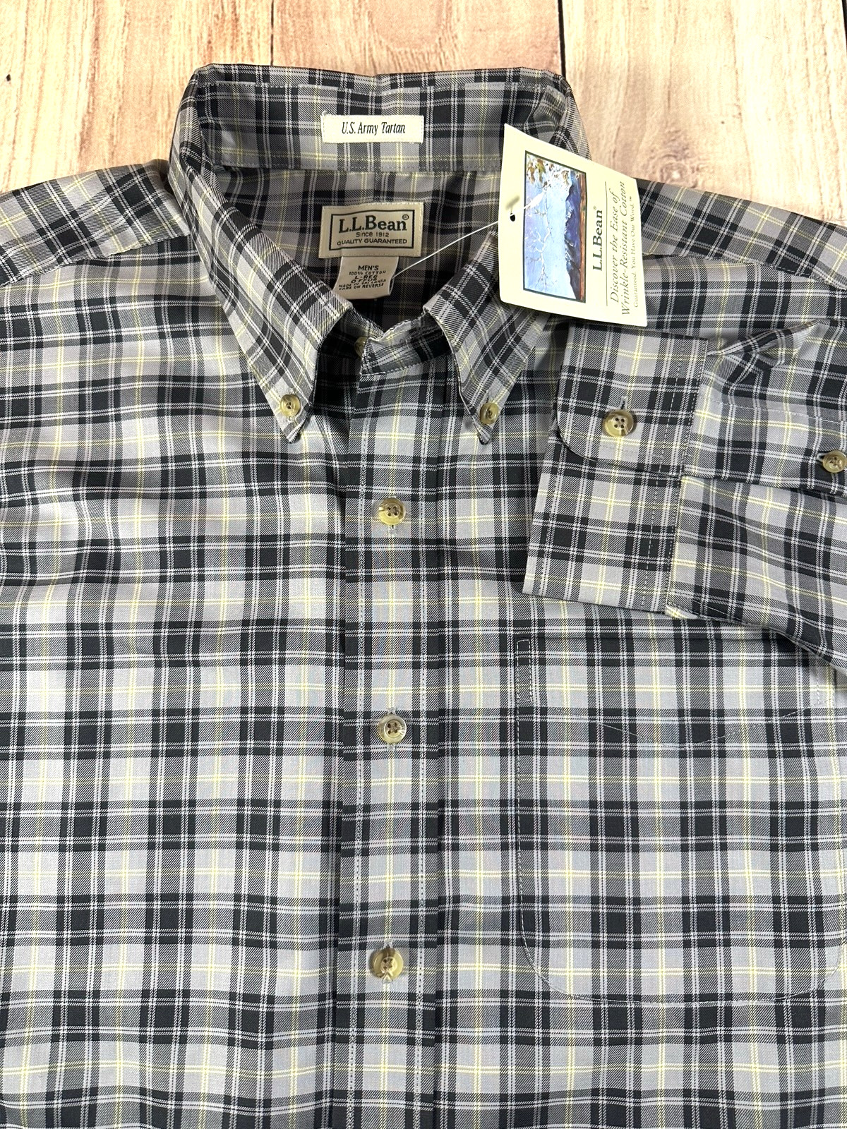 L.L.Bean Shirt Mens Plaid Button Down L Black Gray US Army Tartan Large NWT