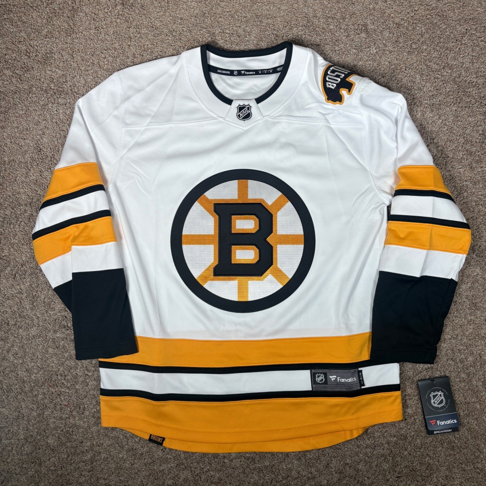 Fanatics Boston Bruins NHL Breakaway Jersey Mens Medium White Gold Black 9582
