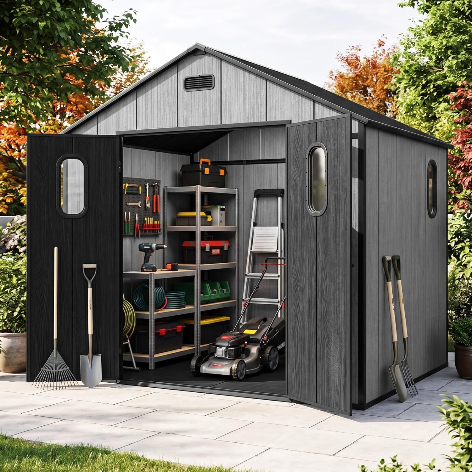 8x6 FT Resin Outdoor Storage Shed Plastic Garden Shed with Floor for Tools, Bike 8x6 FT Resin Outdoor Storage Shed Plastic Garden Shed with Floor for Tools, Bike