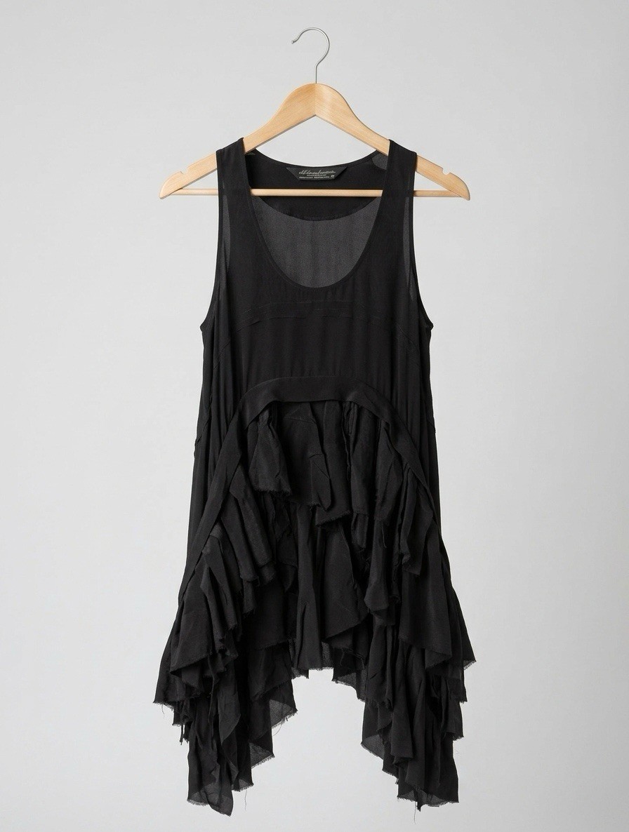 AllSaints vintage black 100% silk ruffle tunic mini dress y2k grunge gothic UK12
