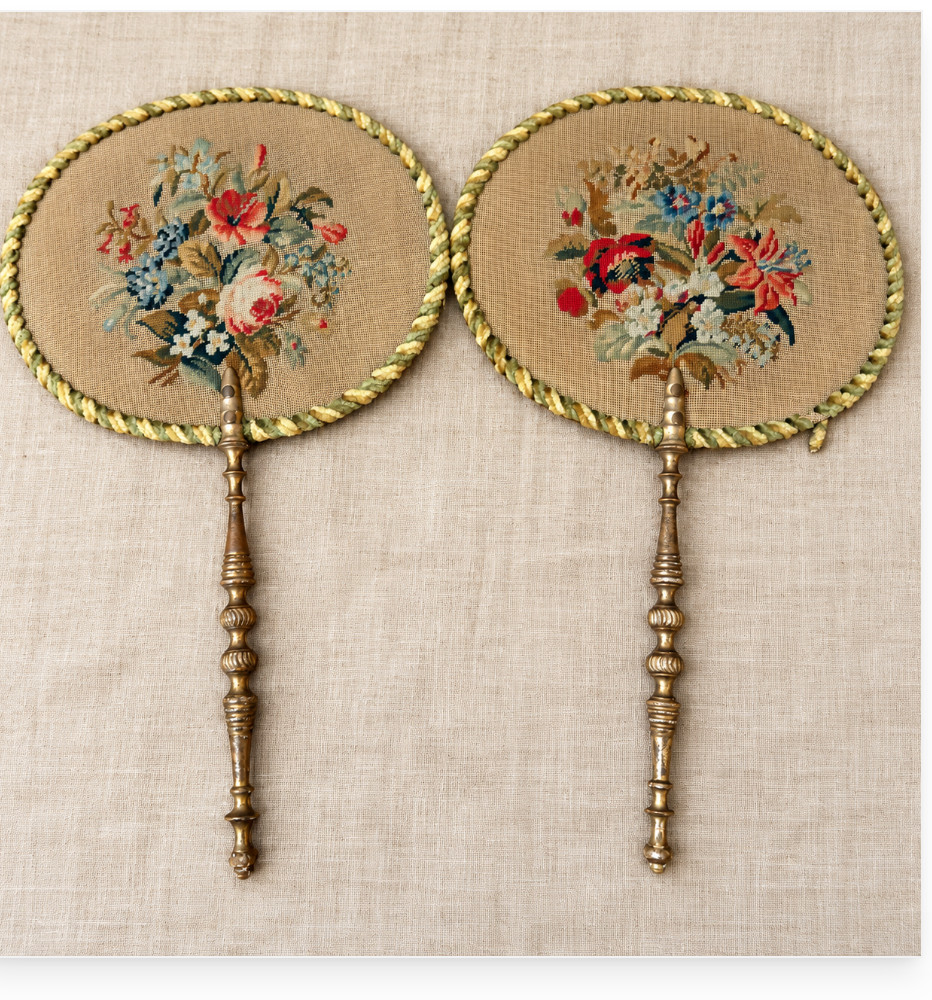 Pair Vintage Floral Needlepoint Fireplace Face Screens Handheld Fans