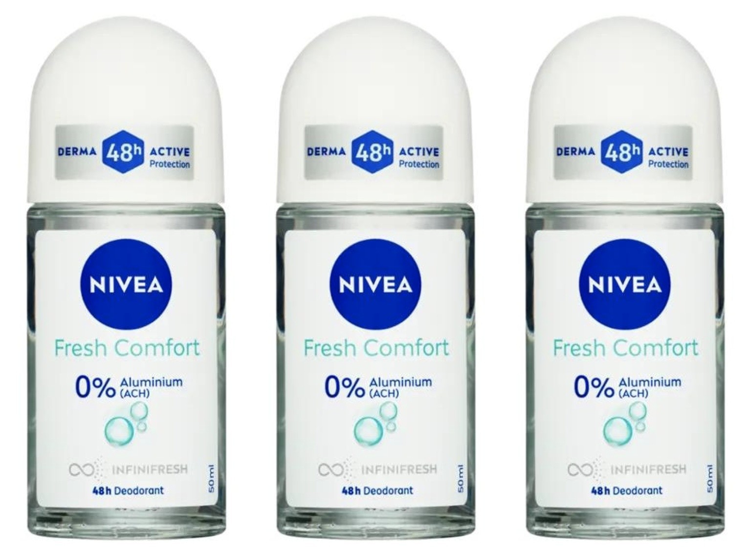 NIVEA Fresh Comfort Aluminium Free (0% ACH) 48H RollOn Deodorant 50ml(Pack of 3)