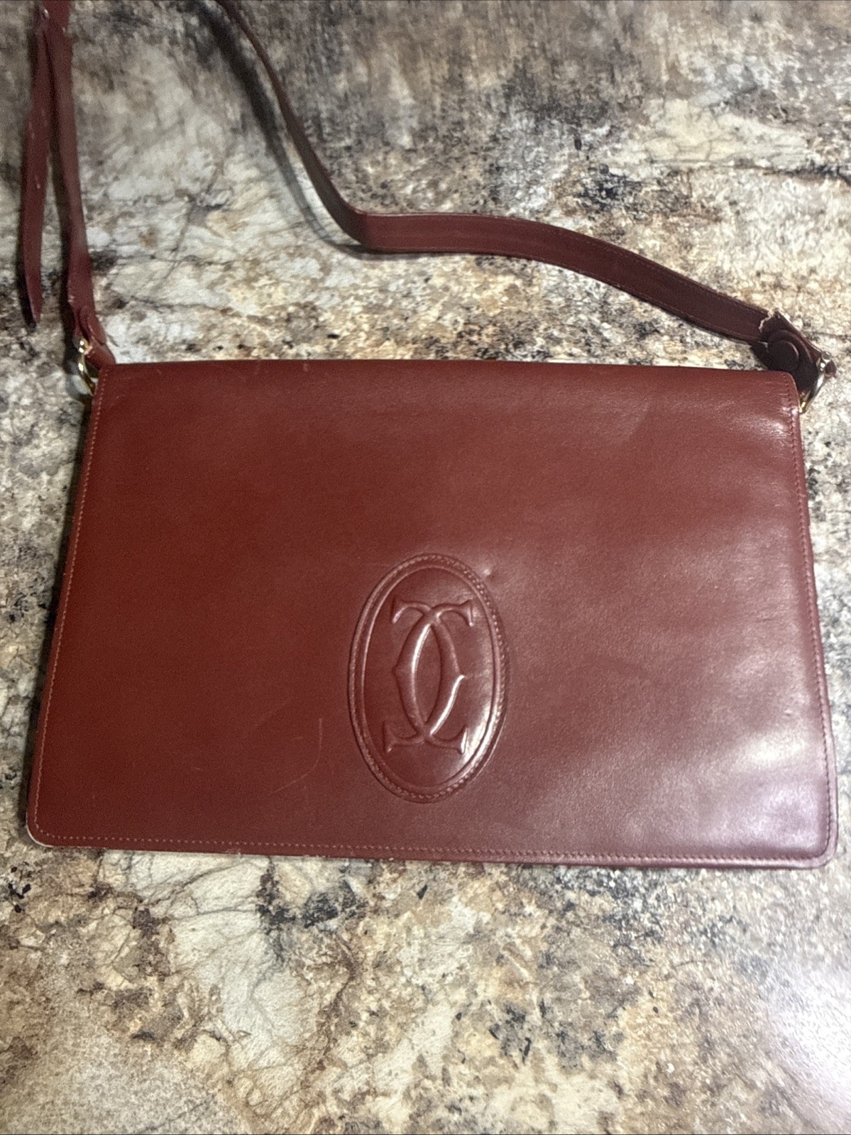 Auth Cartier Must de Cartier Bordeaux Leather Shoulder Bag Gold Hardware Vintage