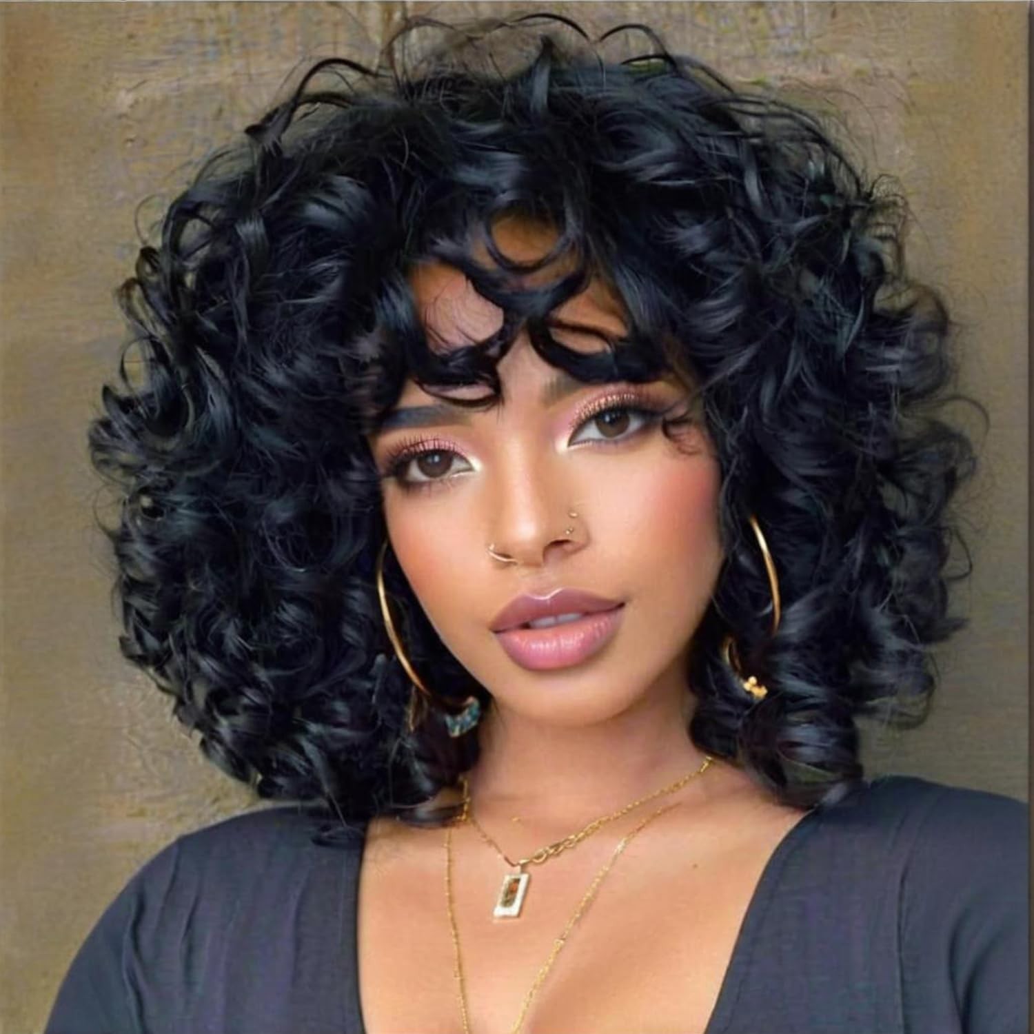 Short Curly Wigs for Black Women Soft Black Big Curly Wig with Bangs Afro Kinky Short Curly Wigs for Black Women Soft Black Big Curly Wig with Bangs Afro Kinky