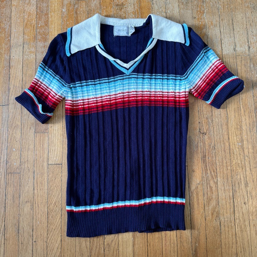 VTG 70s Erika blue, white & red striped knitted short sleeve collared top SZ L S VTG 70s Erika blue, white & red striped knitted short sleeve collared top SZ L S