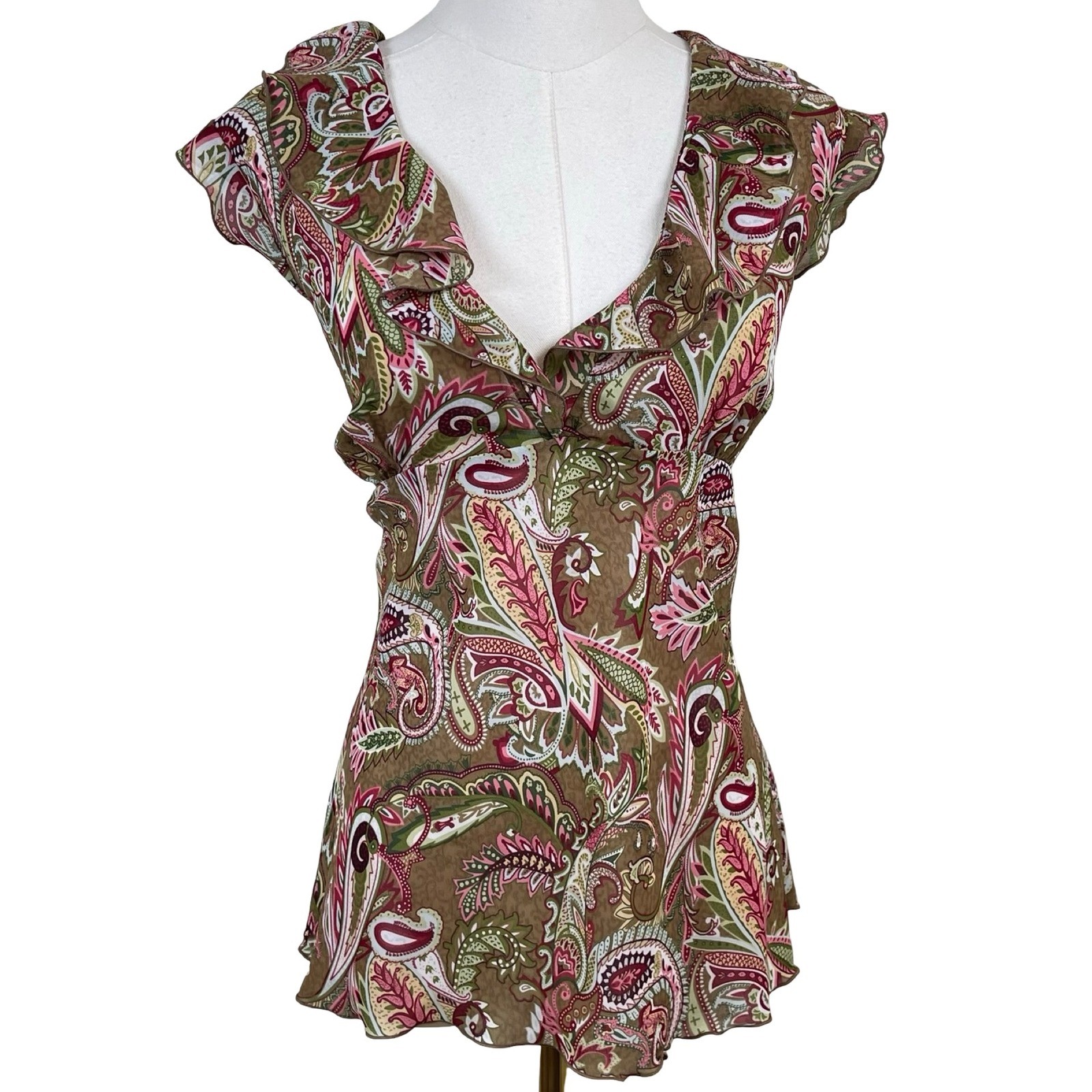 Vintage Cato Babydoll Blouse Women XL Brown Pink Paisley Flutter Sleeve Boho Y2K