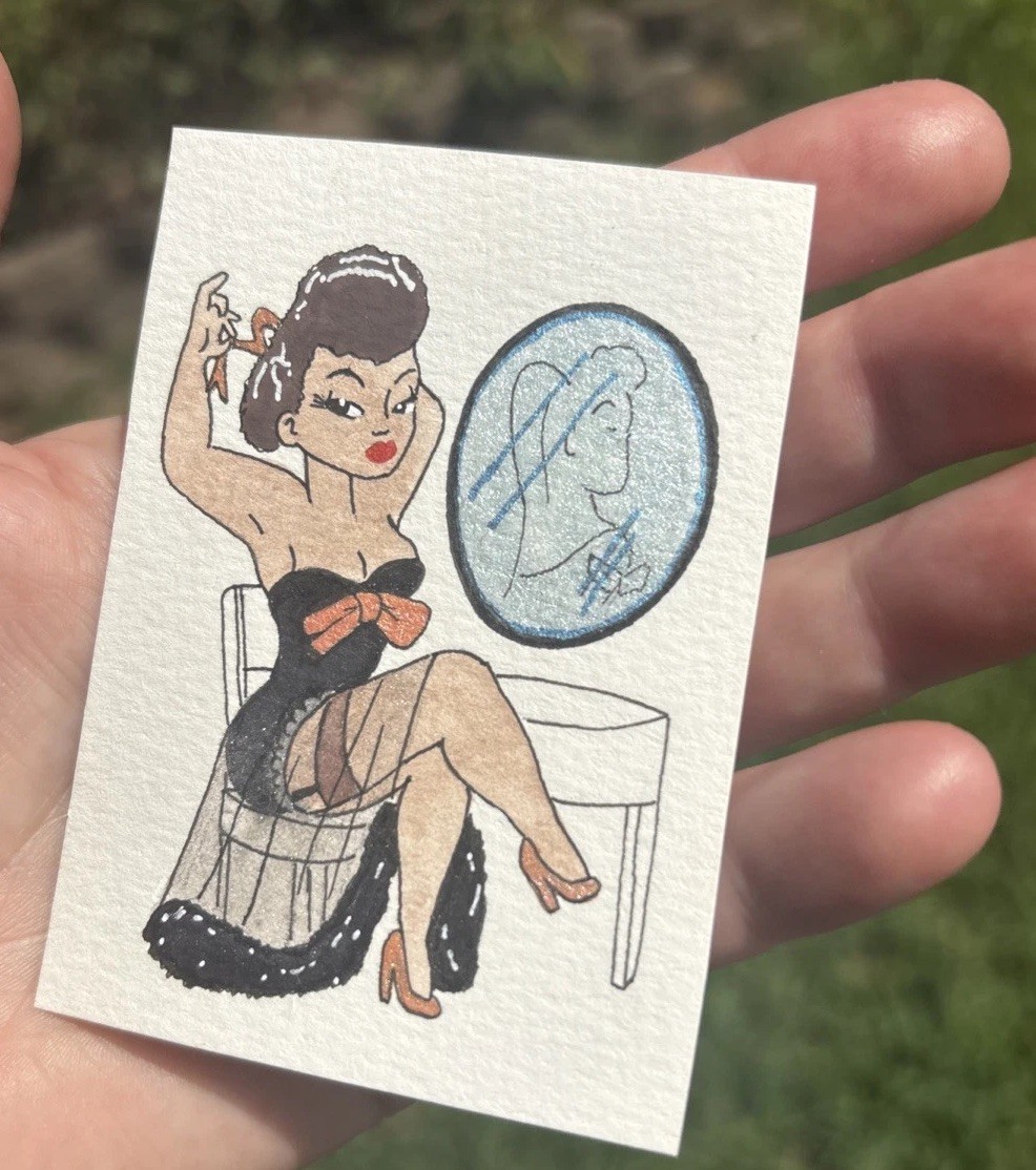 Original Art ACEO Watercolor Burlesque Stripper Sexy Chocolate Black Girl