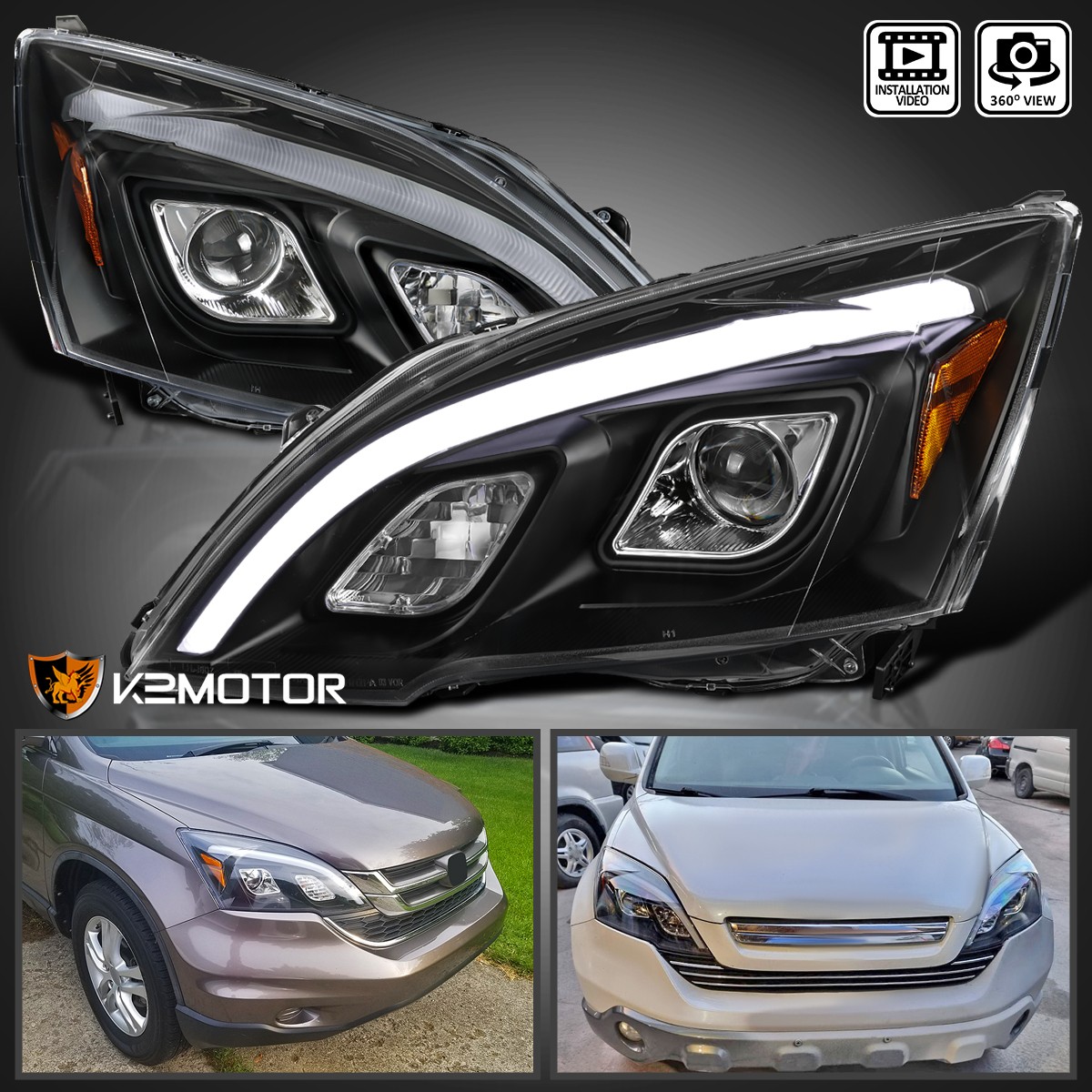 Black Fits 2007-2011 Honda CRV CR-V Projector Headlights LED Strip Lamps 07-11