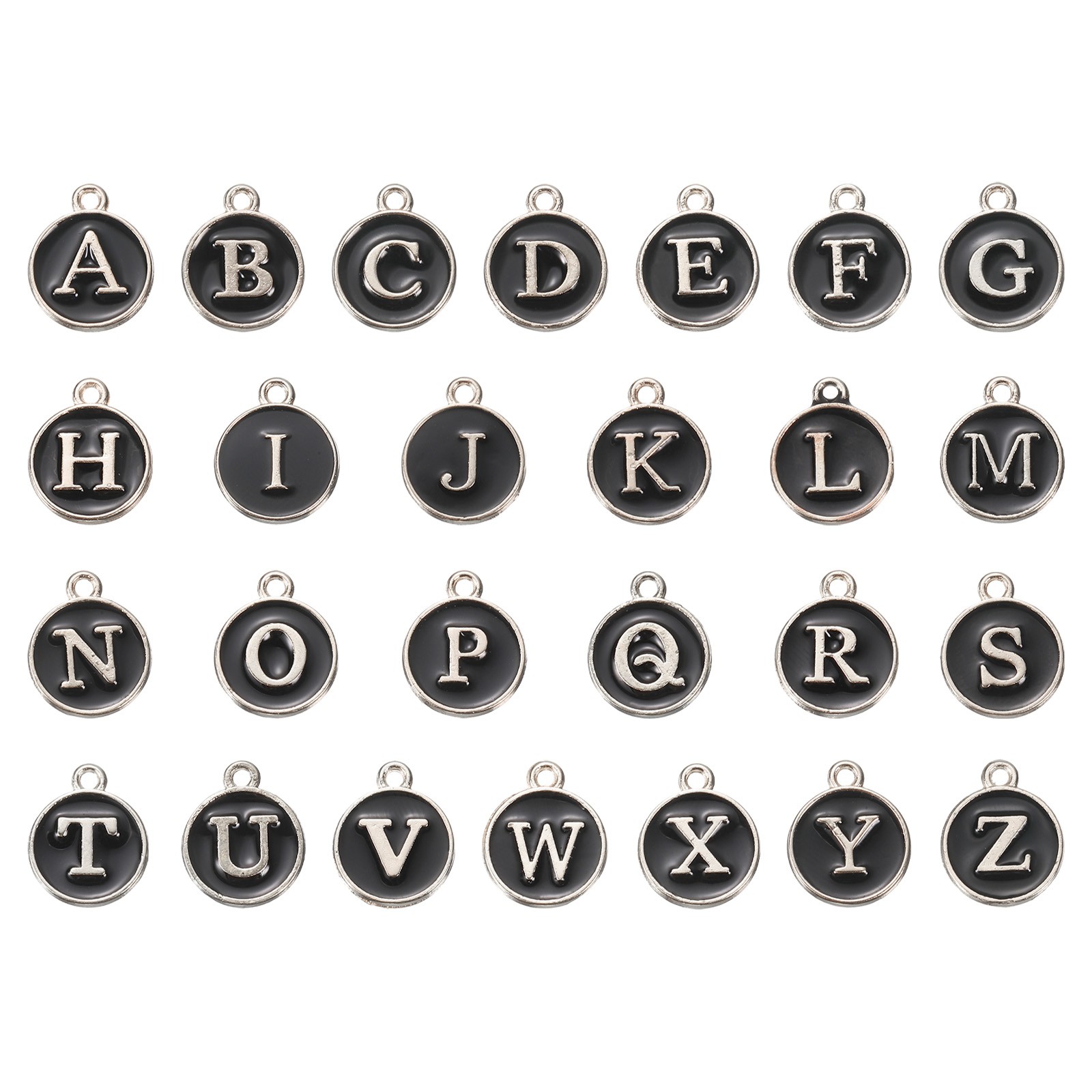 Alphabet A-Z Enamel Letter Charm Enamel Initial Charm Silver Black, 52pcs