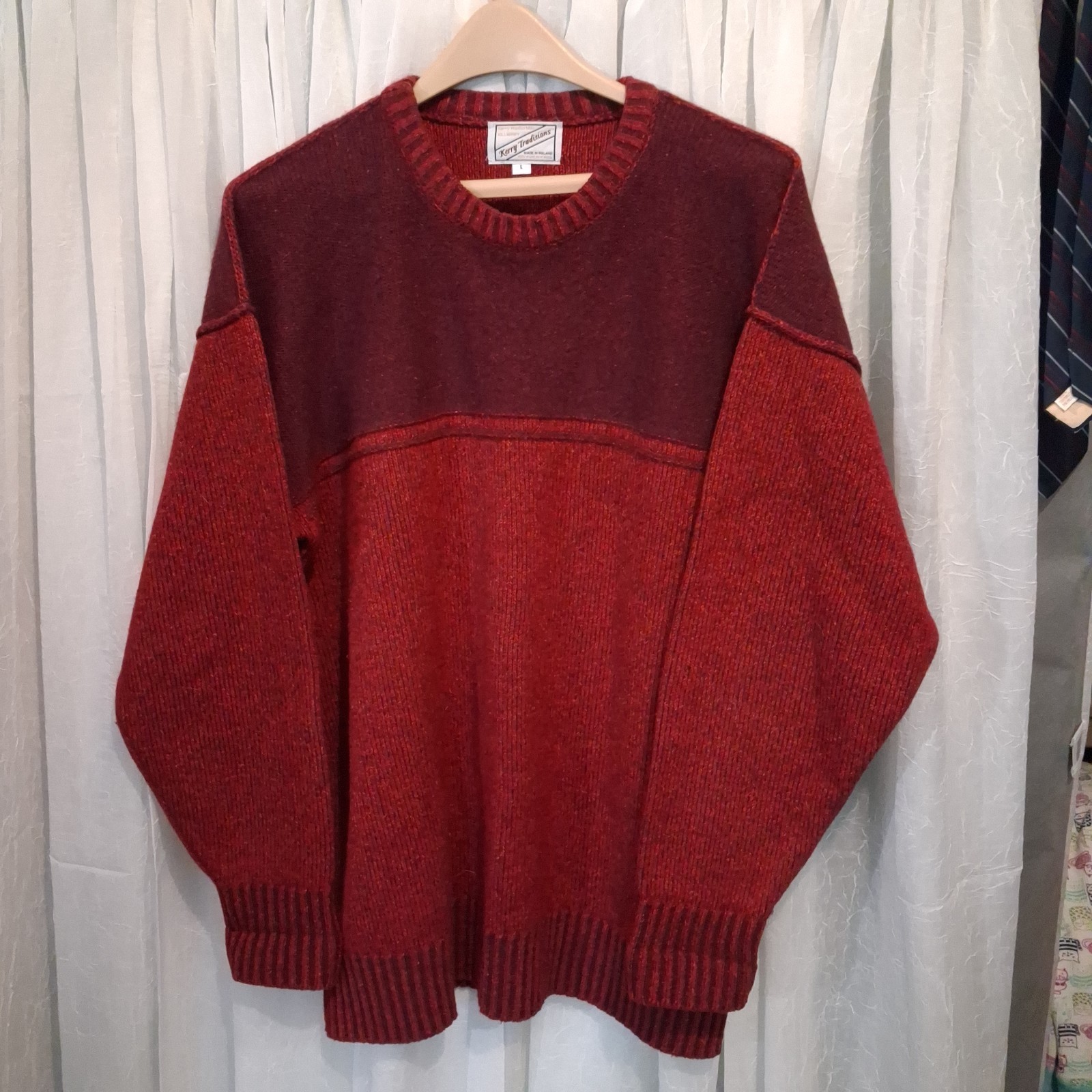 Kerry Traditions 100% Wool Knit Sweater Ireland Cabincore Red Colorblock Large Kerry Traditions 100% Wool Knit Sweater Ireland Cabincore Red Colorblock Large