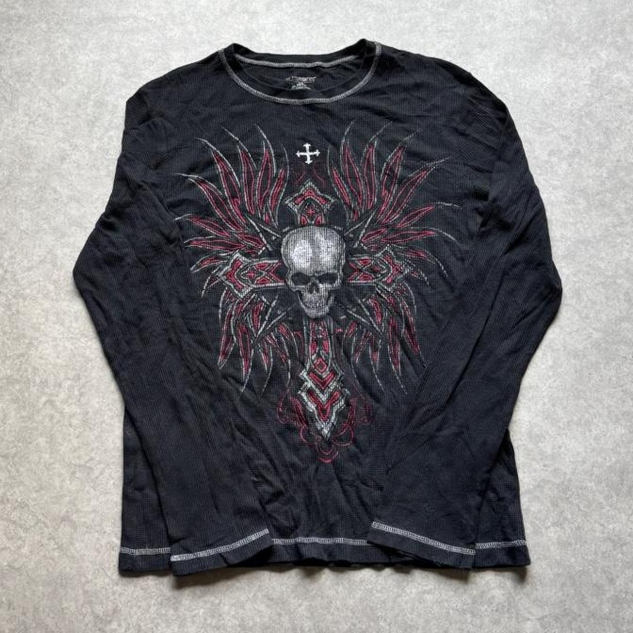 Vintage No Boundaries Y2K Skull Wings Cross Thermal Shirt Mens L Black Skater Vintage No Boundaries Y2K Skull Wings Cross Thermal Shirt Mens L Black Skater