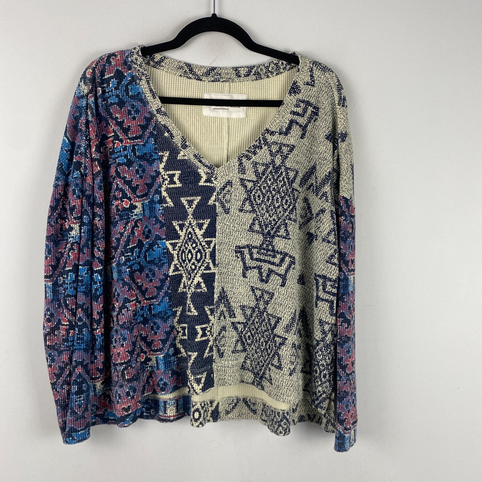 Anthropologie Pilcro Moira Pullover Top Size Small Blue Tribal V Neck Relaxed