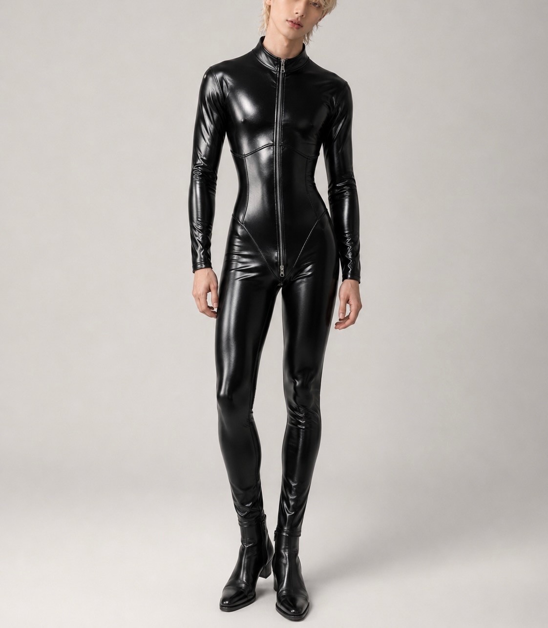 NOIR HANDMADE WETLOOK OVERALL 3 WAY ZIP catsuit wetlook black