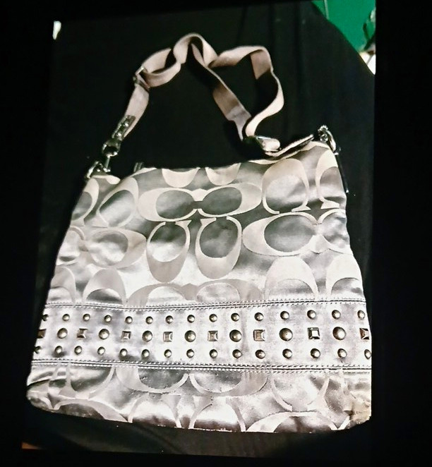 Coach Gray Signature Logo Jacquard Studded Zip Shoulder Bag Medium, Strap