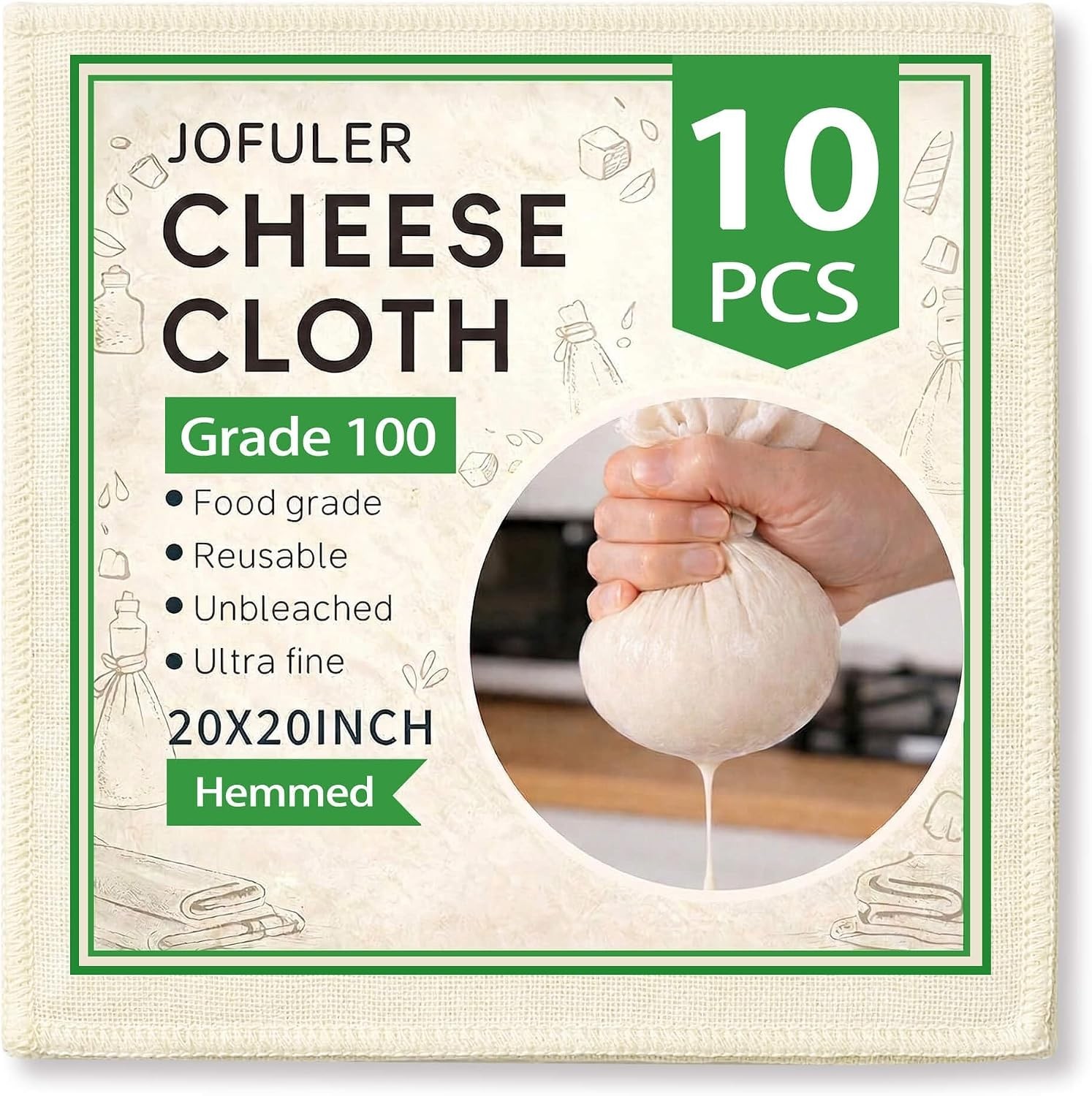 10pc Grade 100 Cheesecloth 20x20 Hemmed Unbleached Cotton Strainer Reusable Cook