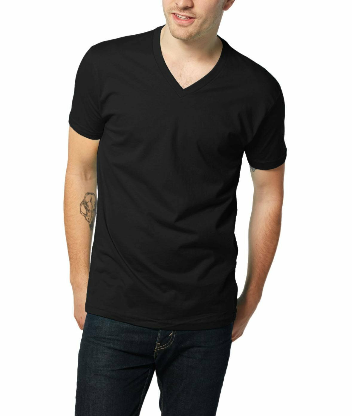 For Mens 100% Cotton Thick Basic Tee Casual T-Shirt V-Neck Black White S-4XL