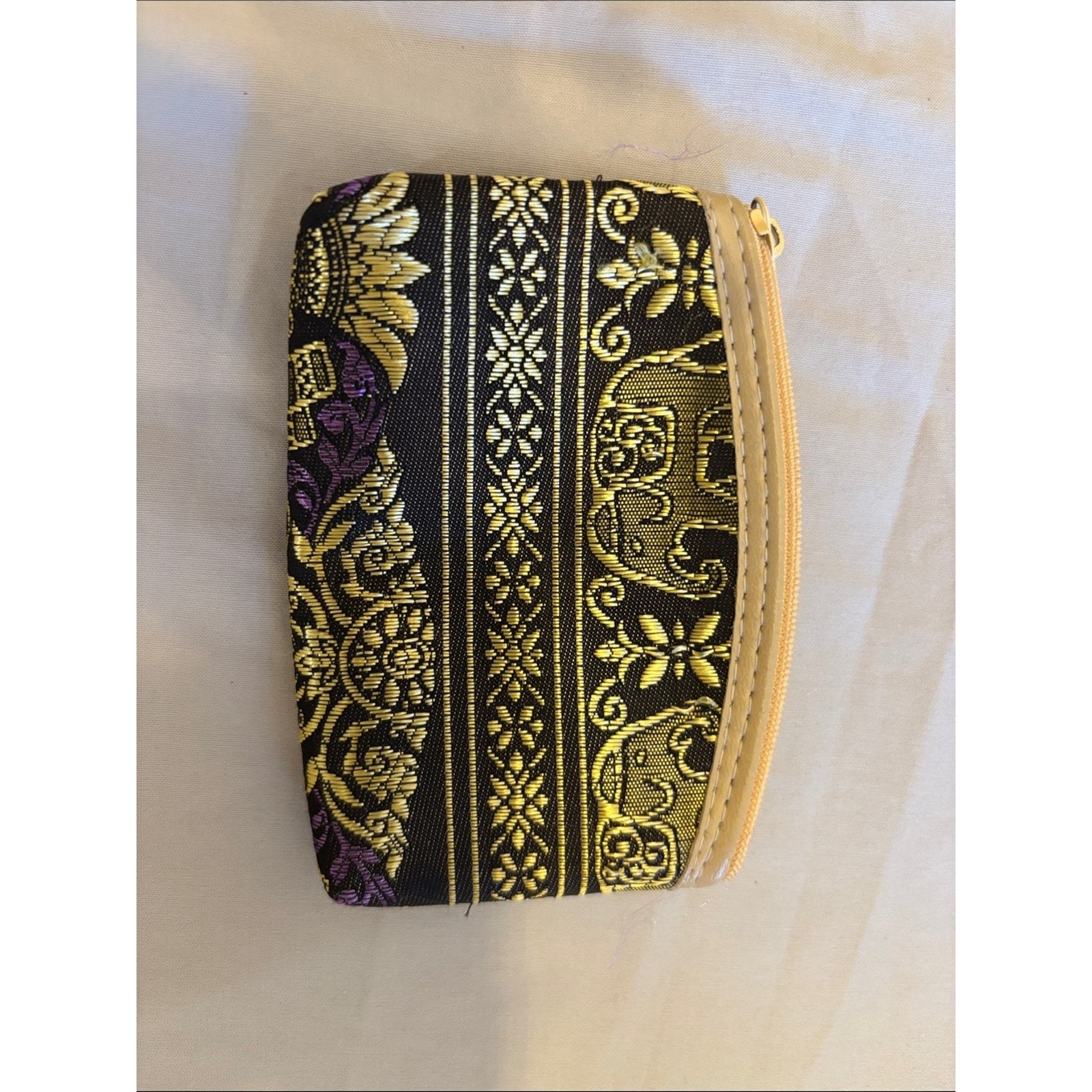 Traditional Thai Black and Gold Brocade Cosmetic Coin Pouch with Purple Detail Traditional Thai Black and Gold Brocade Cosmetic Coin Pouch with Purple Detail