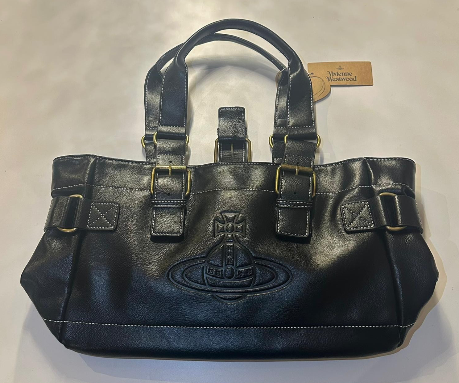 Vivienne Westwood Nana Orb Saturn Black Leather Shopping Bag Vivienne Westwood Nana Orb Saturn Black Leather Shopping Bag