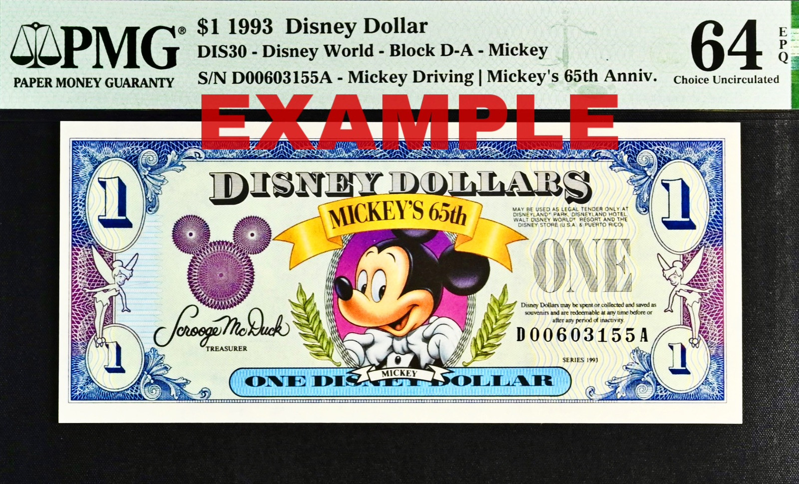 1993 $1 DISNEY DOLLAR Mickey Driving Mickey\'s 65th Anniv.  PMG 64 EPQ