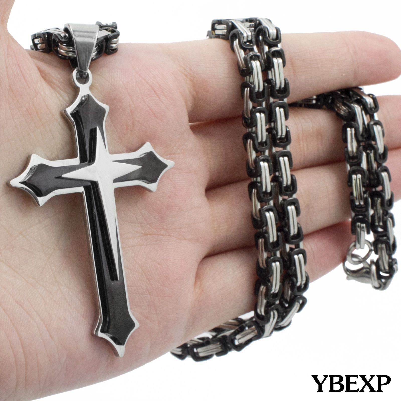 20\'\'-36\'\'Men Stainless Steel Cross Pendant Black Necklace Byzantine Box Necklace