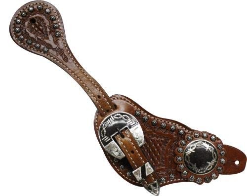 Showman Men's Tooled Leather Spur Straps w/ Silver Engraved Barbed Wire Conchos Showman Men's Tooled Leather Spur Straps w/ Silver Engraved Barbed Wire Conchos