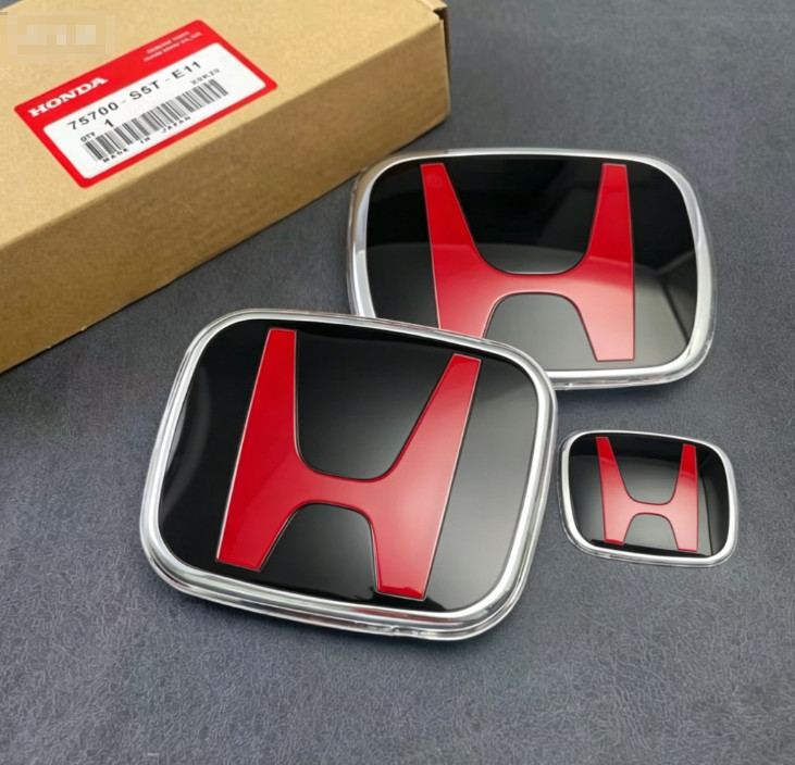 ✔3X Front Emblem Rear Steering Badge Black Red For SEDAN 2016-21 Honda CIVIC⚡