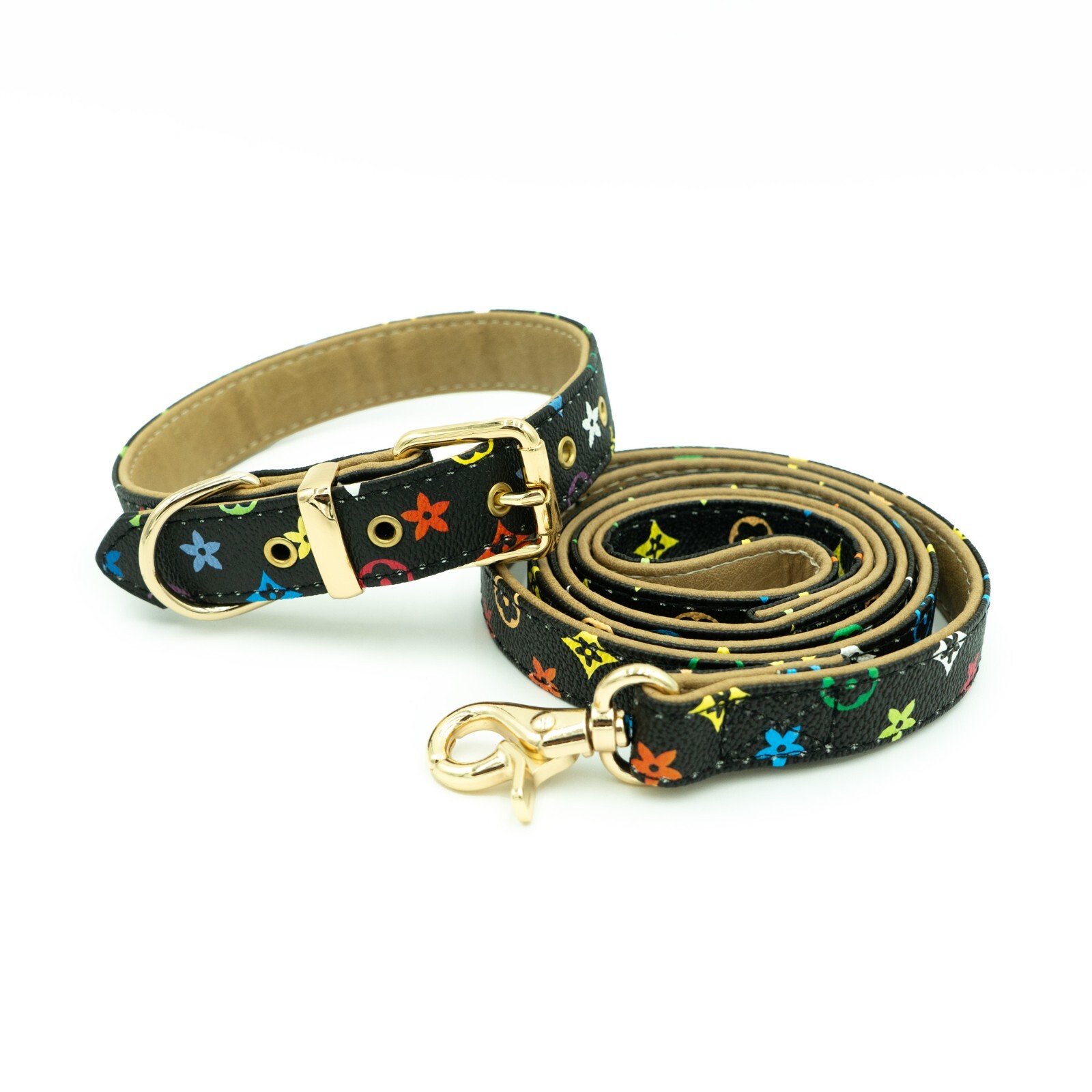 Black Dog Leash & Collar set, Designer Fashion Luxury Collar PU Leather Monogram
