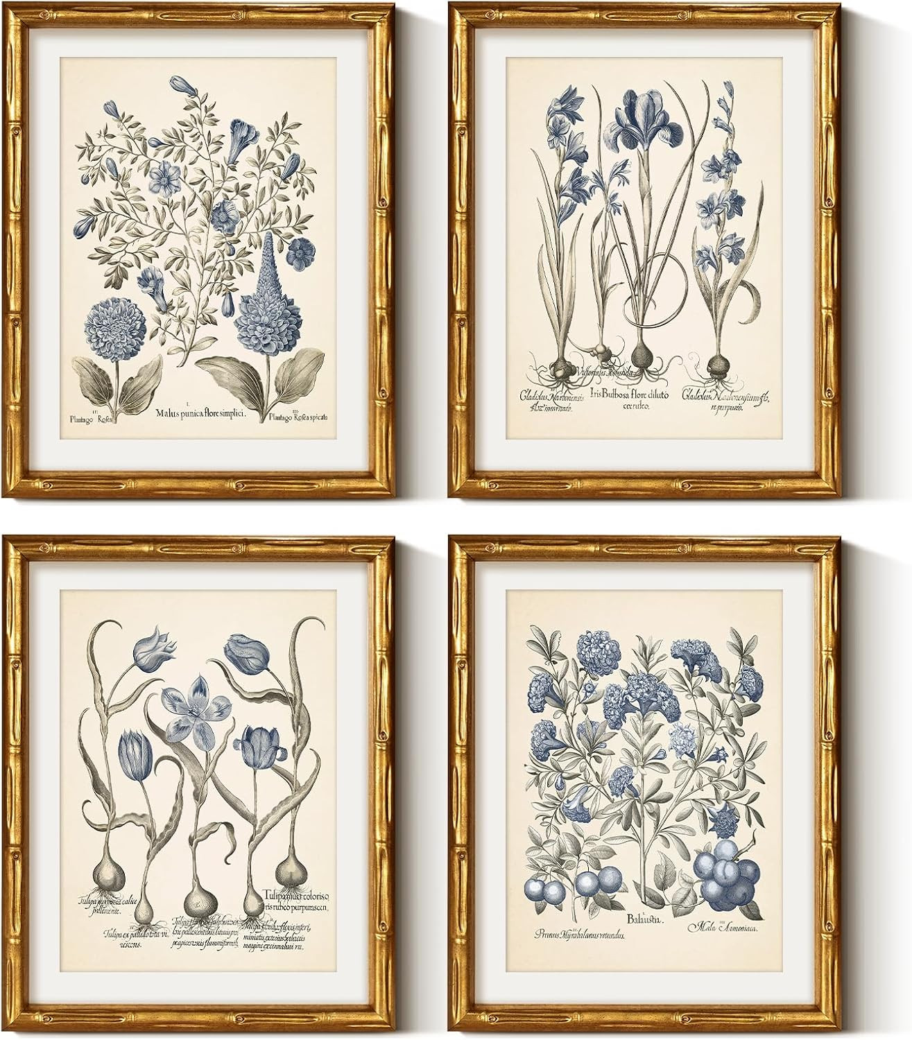 Bamboo Framed Botanical Wall Art, 4 Pcs Blue Hydrangea, 11X14Inch Bamboo Framed Botanical Wall Art, 4 Pcs Blue Hydrangea, 11X14Inch