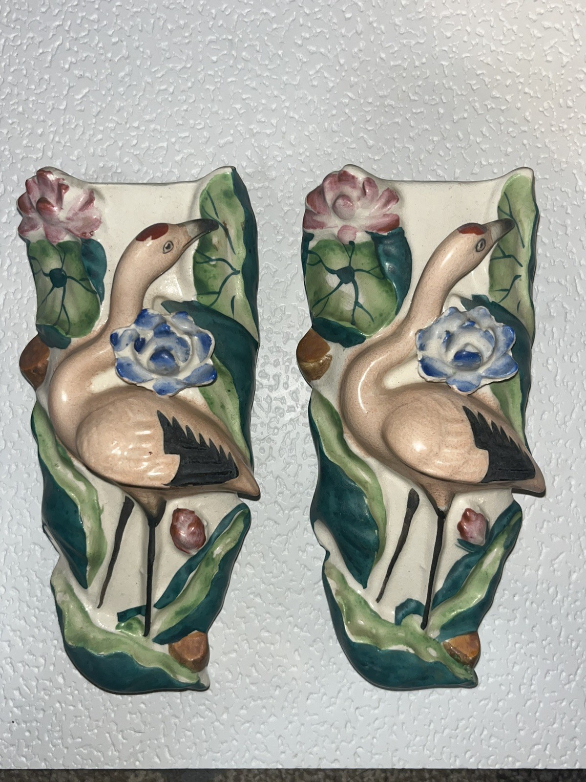 RARE Vintage Pair Occupied Japan Marcin Ceramic Flamingo Wall Pocket Vases