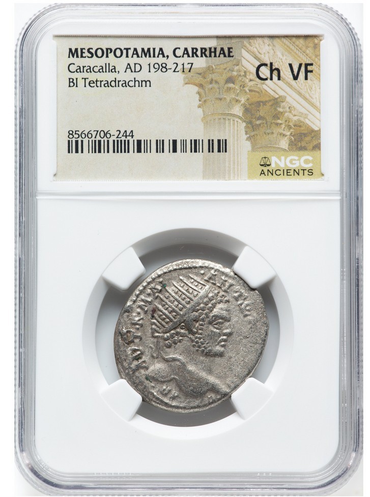 CARACALLA 198-217 AD Silvered Tetradrachm Mesopotamia Carrhae NGC Certified ChVF