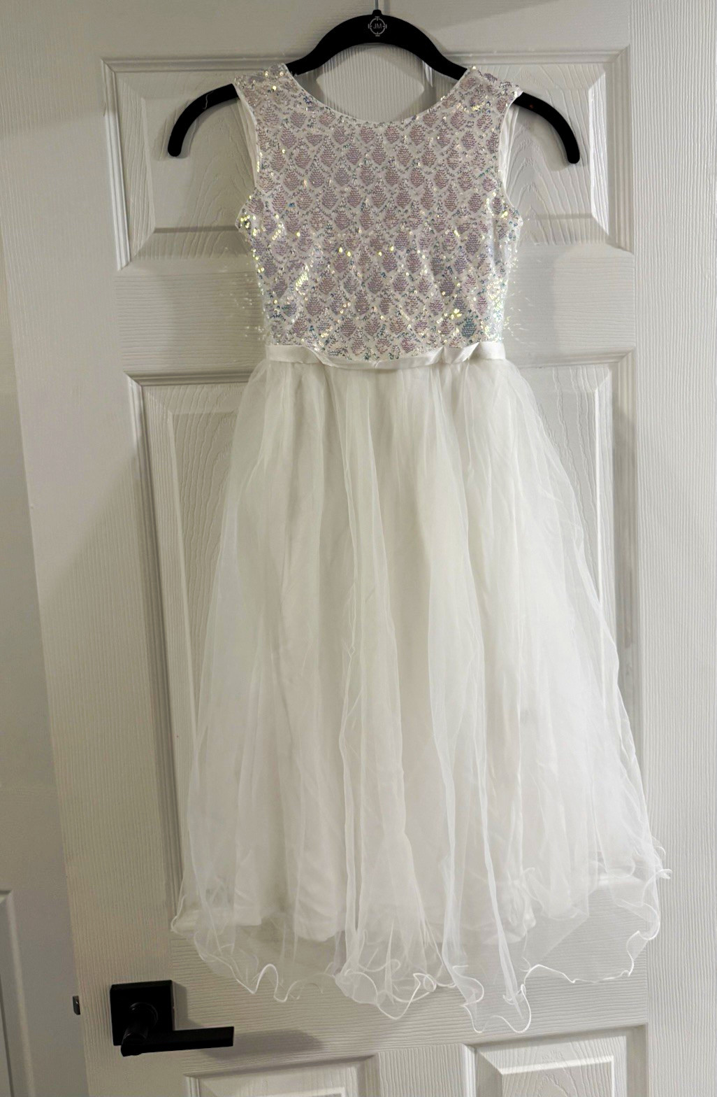 Grace Karin Girls 8 White Fit & Flare Sequin Tulle Dress Sleeveless Bow