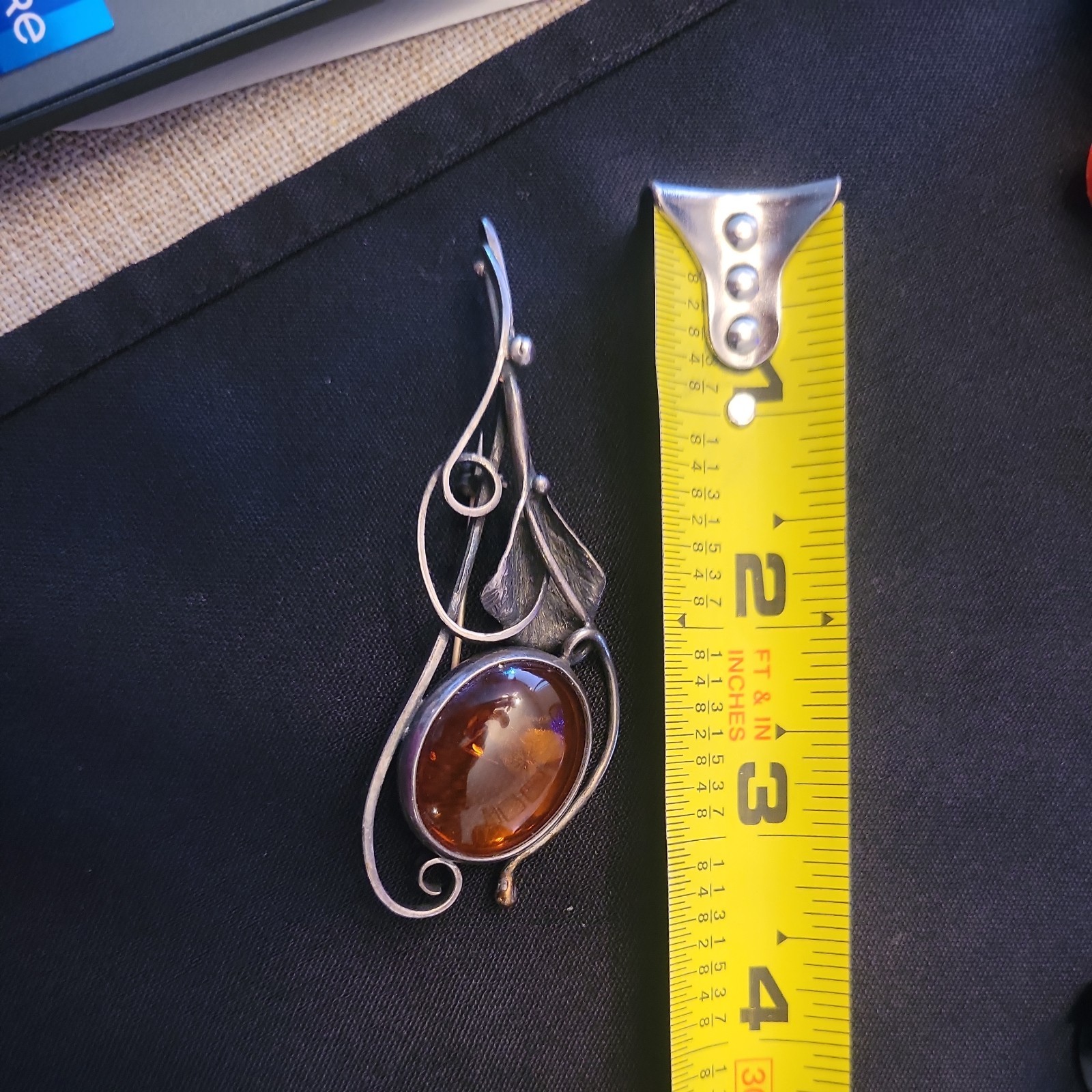 Vintage Art Nouveau Sterling Silver Baltic Amber Calla Lily Brooch Pin 925 Large