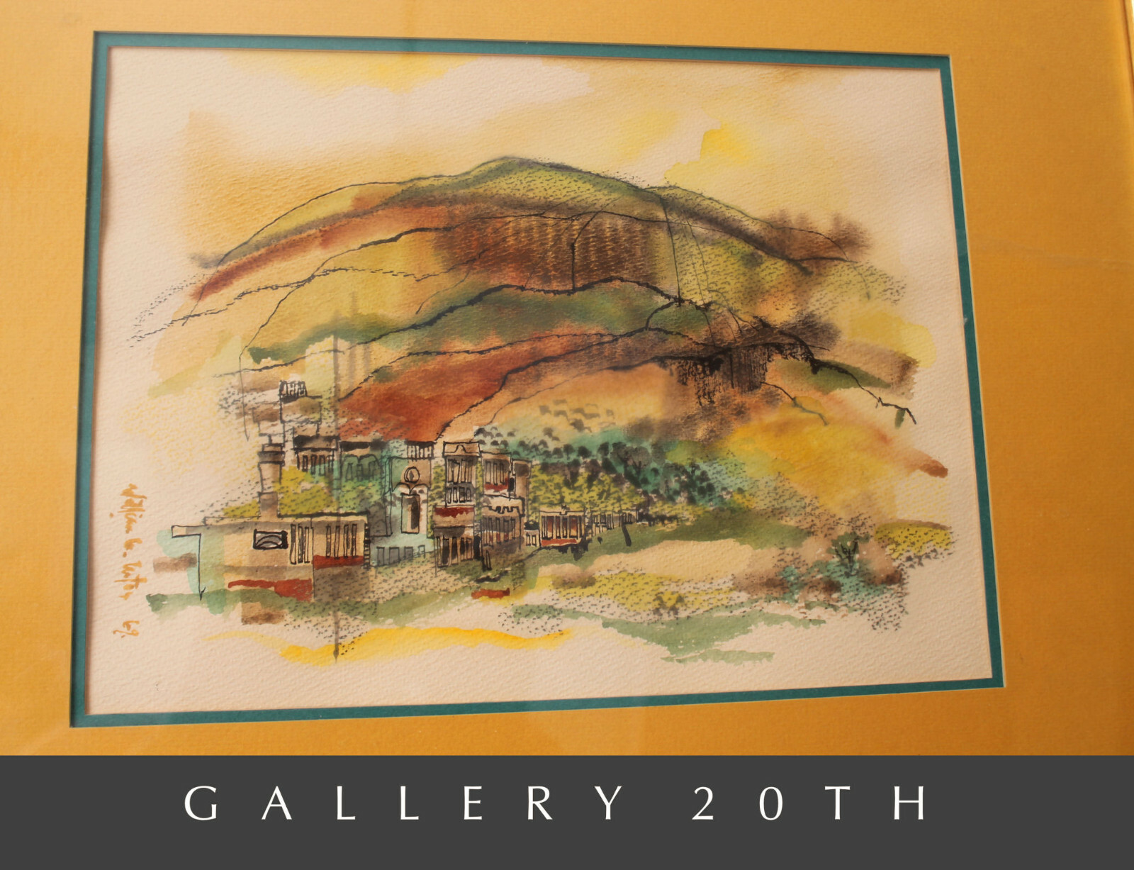 BEAUTIFUL MID CENTURY WATERCOLOR PAINTING VILLAGE VTG 1960\'S ORIG. ART MODERN