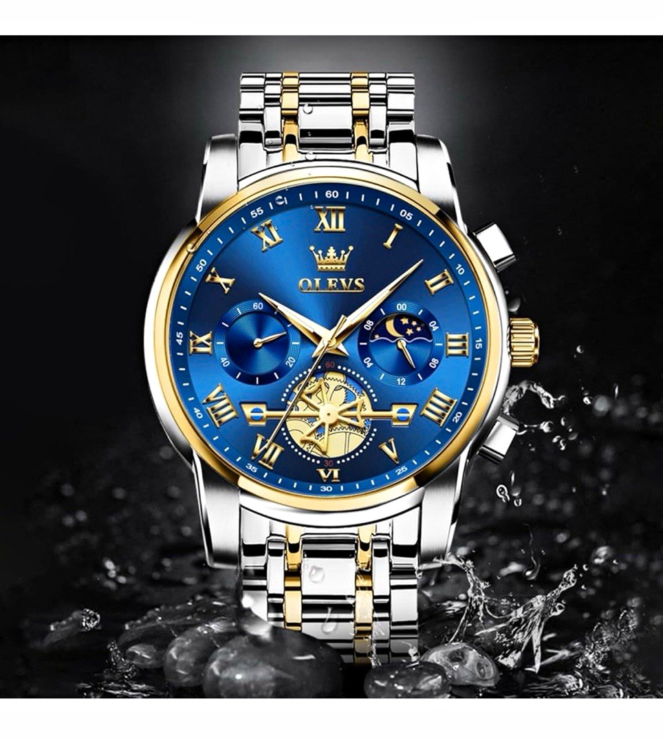 OLEVS Men's Dress 42mm Chronograph Watch Quartz Blue Dial Two-Tone Bracelet