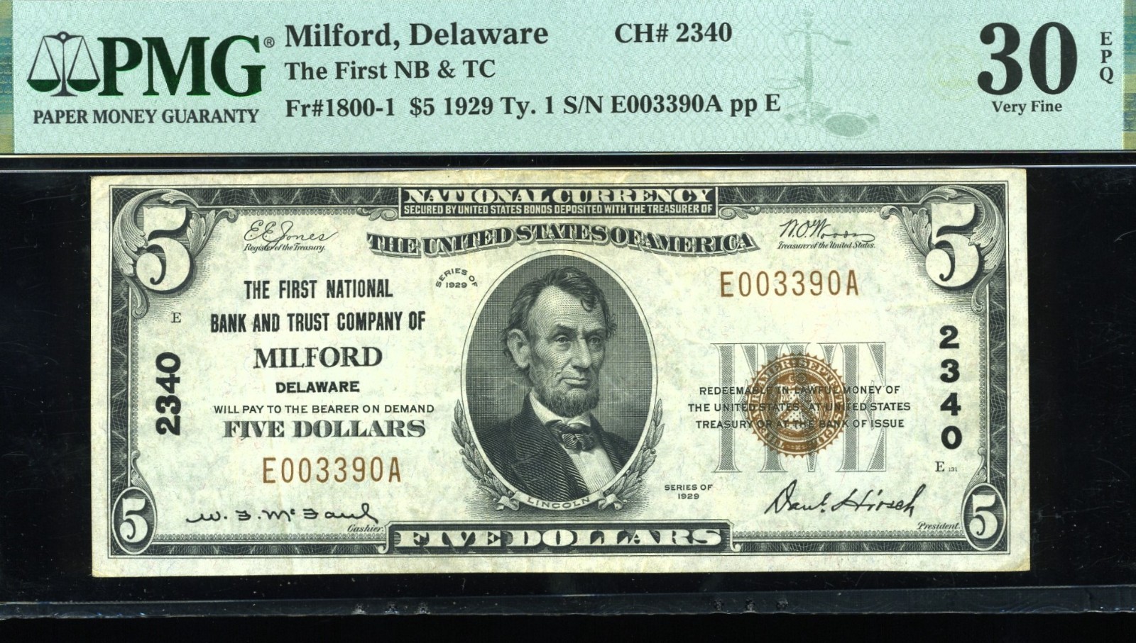 1929 $5 THE 1ST NB MILFORD DE P.M.G #30EPQ