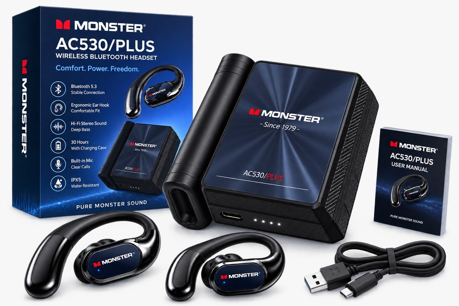 Monster AC530 PLUS Wireless Bluetooth Earbuds Ear Hook Headset Deep Bass HD Call
