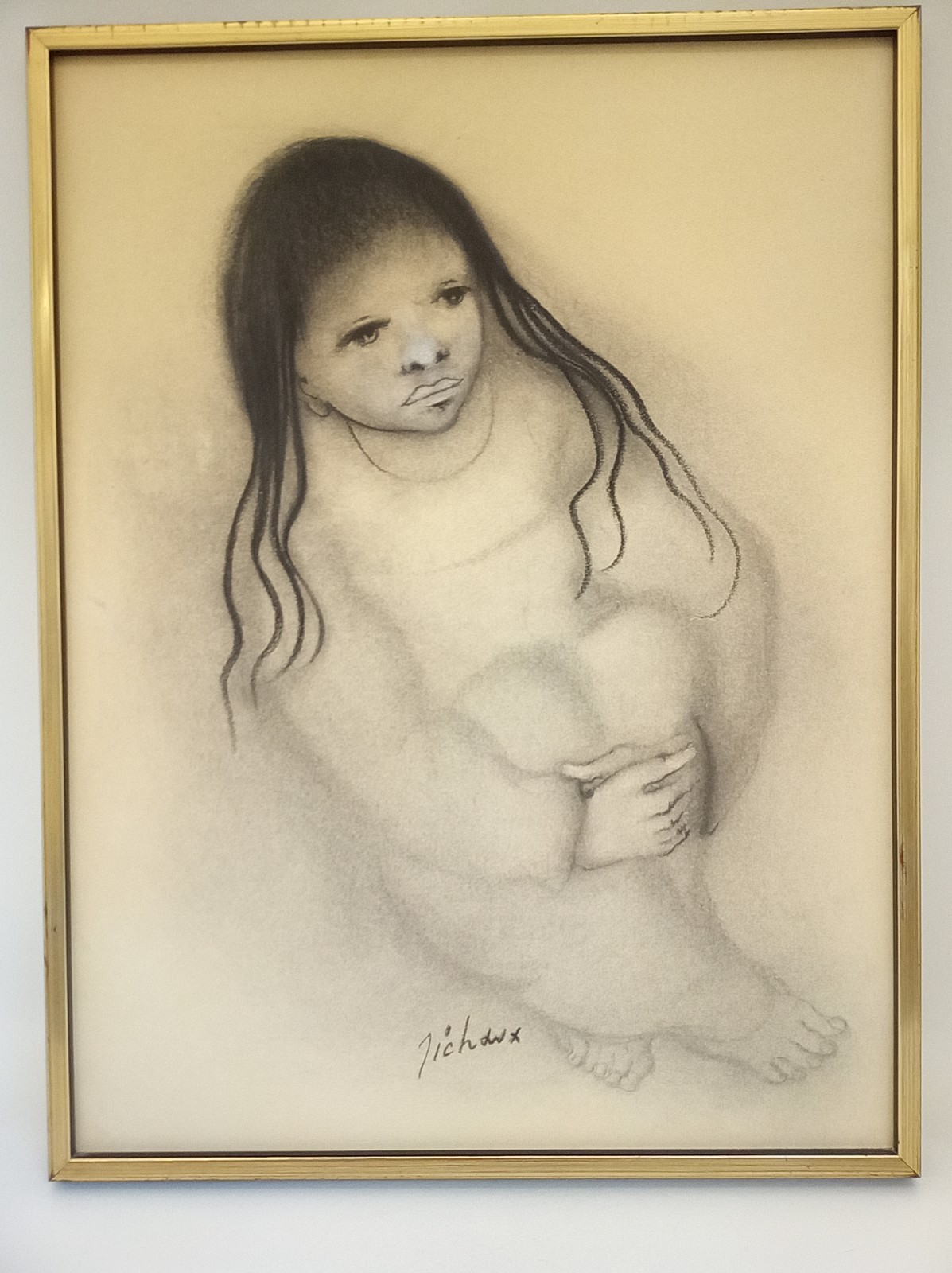 Vintage Michelle Michaux charcoal portrait girl signed framed
