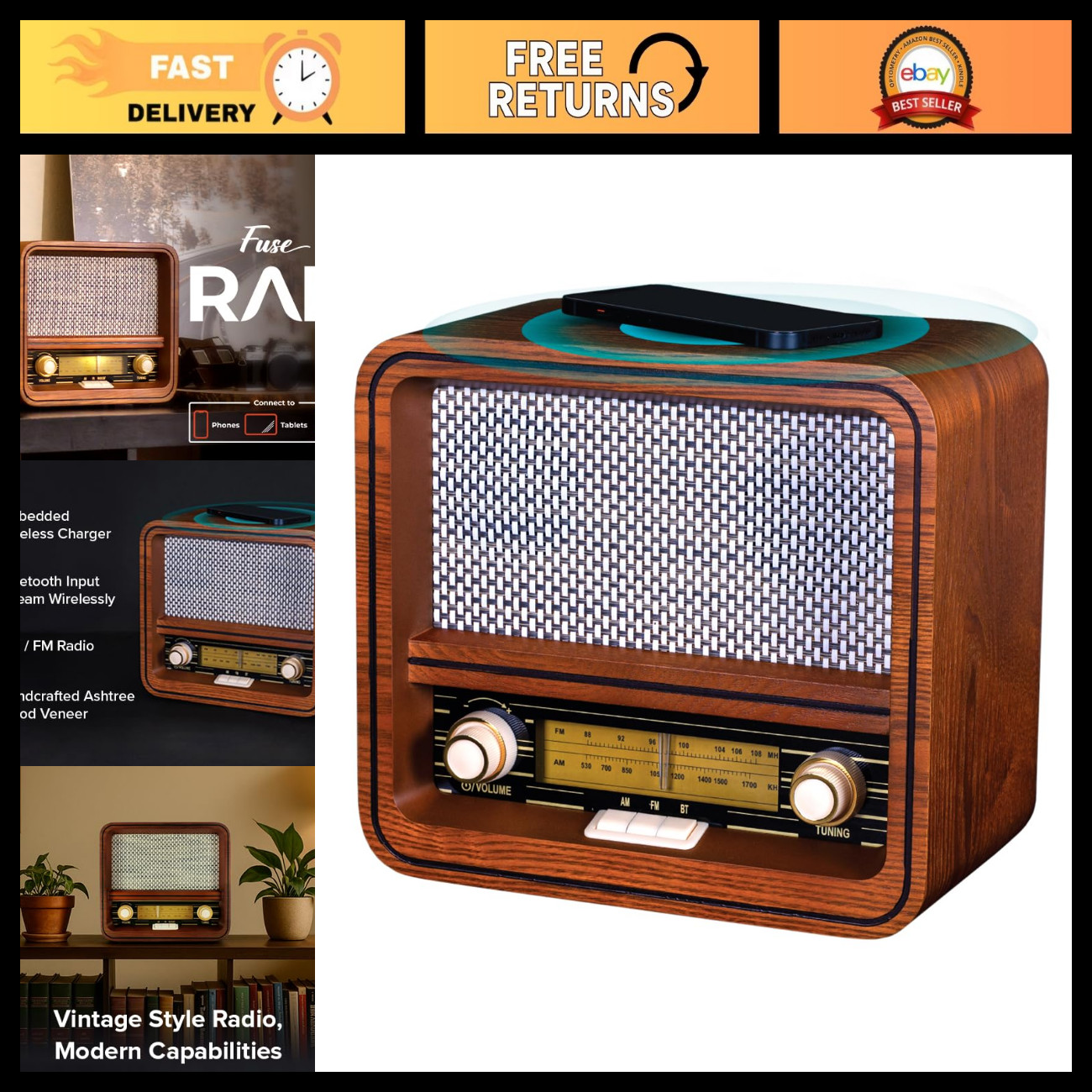 Vintage Wood Retro Radio - AM/FM Bluetooth, Wireless Charger & AUX Input - Mid C Vintage Wood Retro Radio - AM/FM Bluetooth, Wireless Charger & AUX Input - Mid C