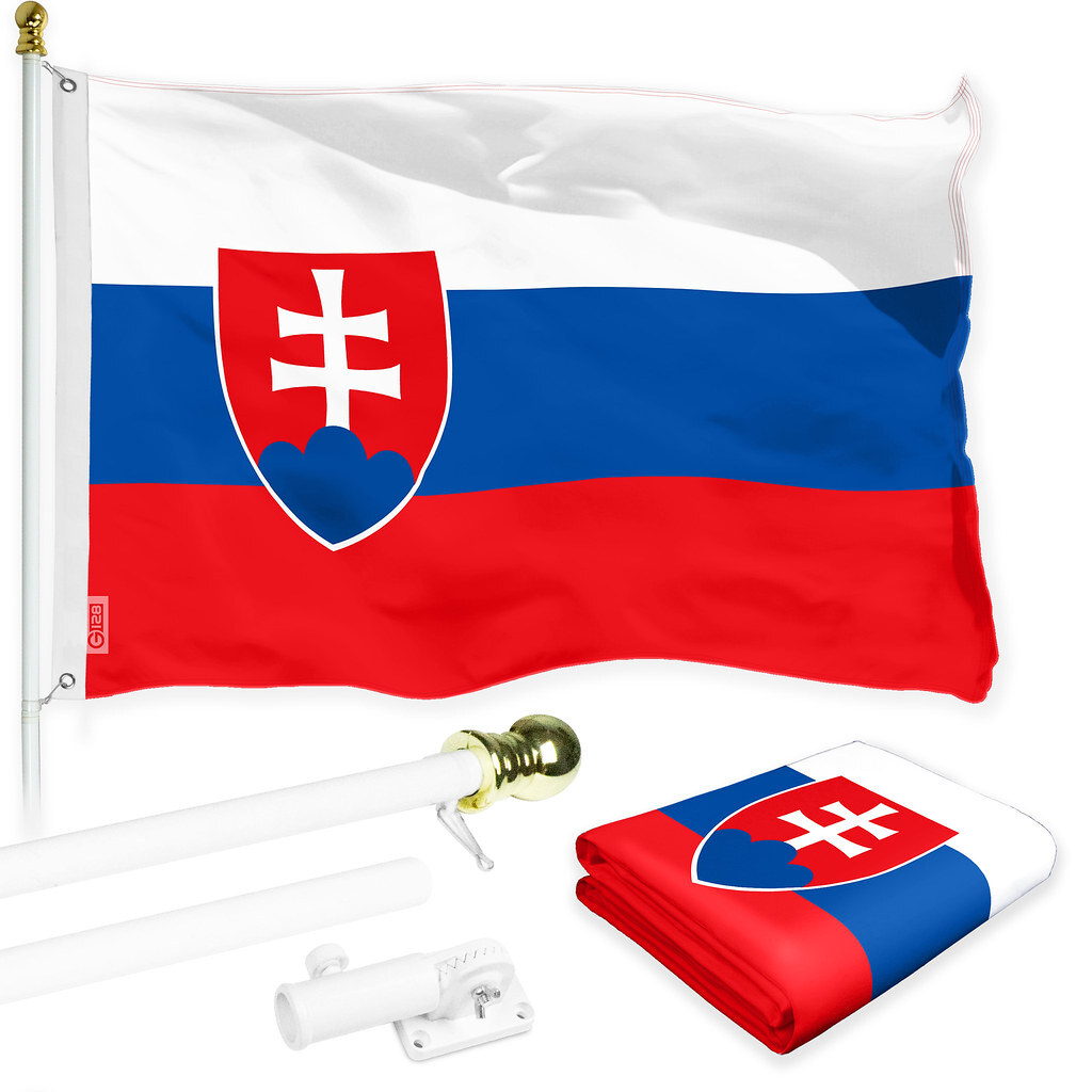 NEW G128 Slovakia Flag & Flagpole, 6FT White Pole & 3x5FT Printed 150D Flag