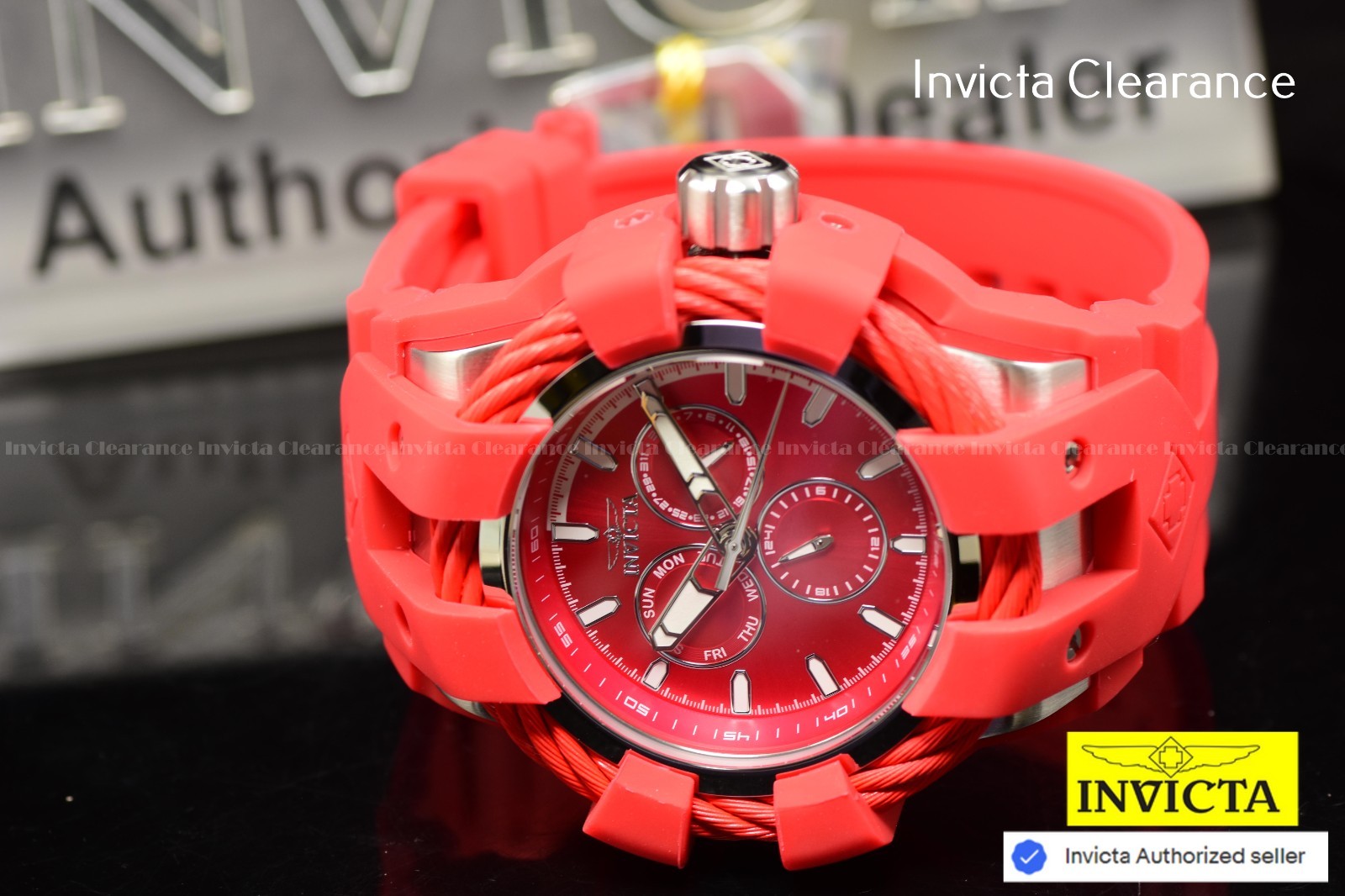 Invicta Men's 50mm BOLT Shock Quartz Red DIAL Triple Red Tone SS Watch DAY DATE
