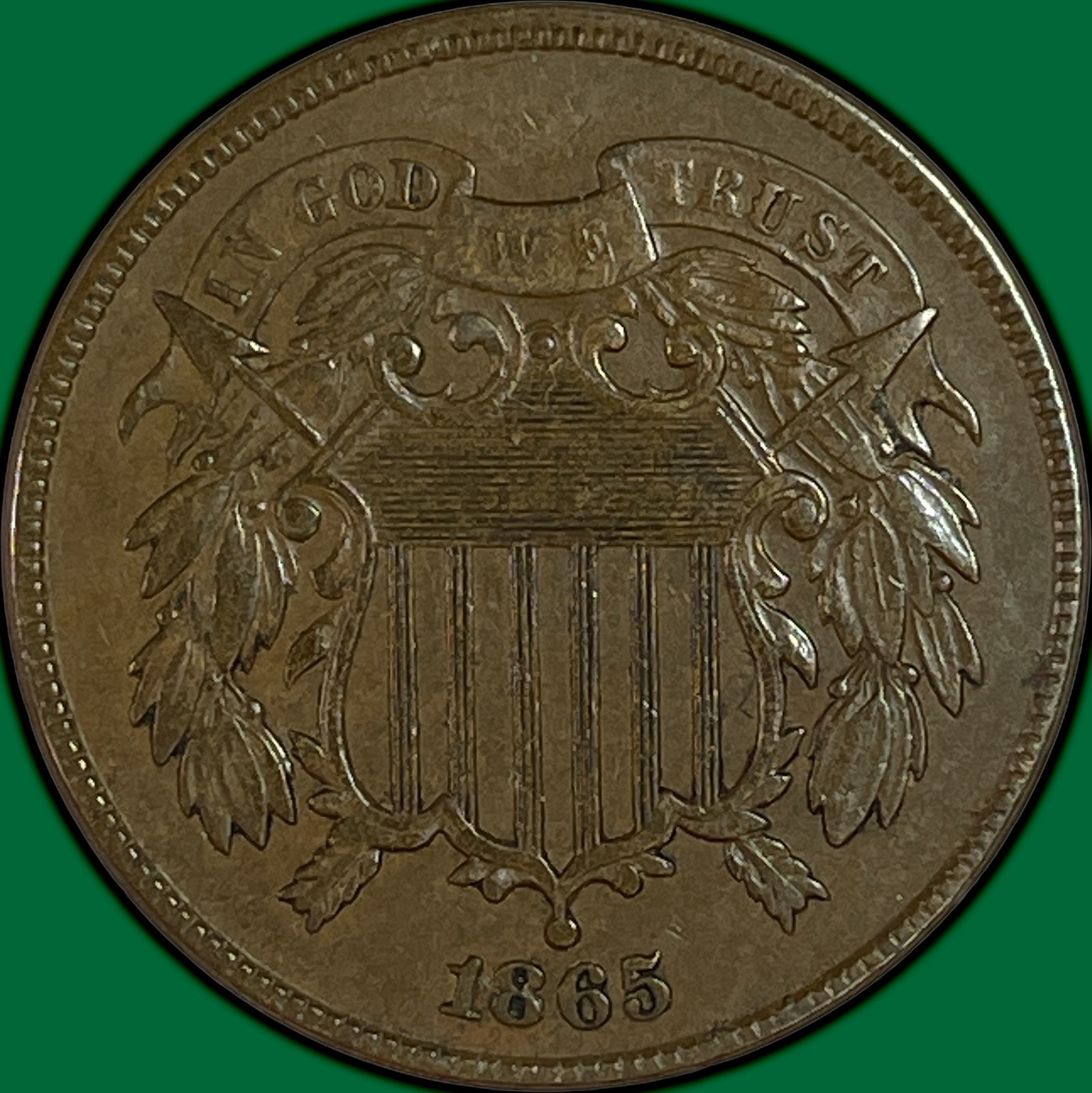 1865 Two Cent Piece Almost Uncirculated AU Coin #41634