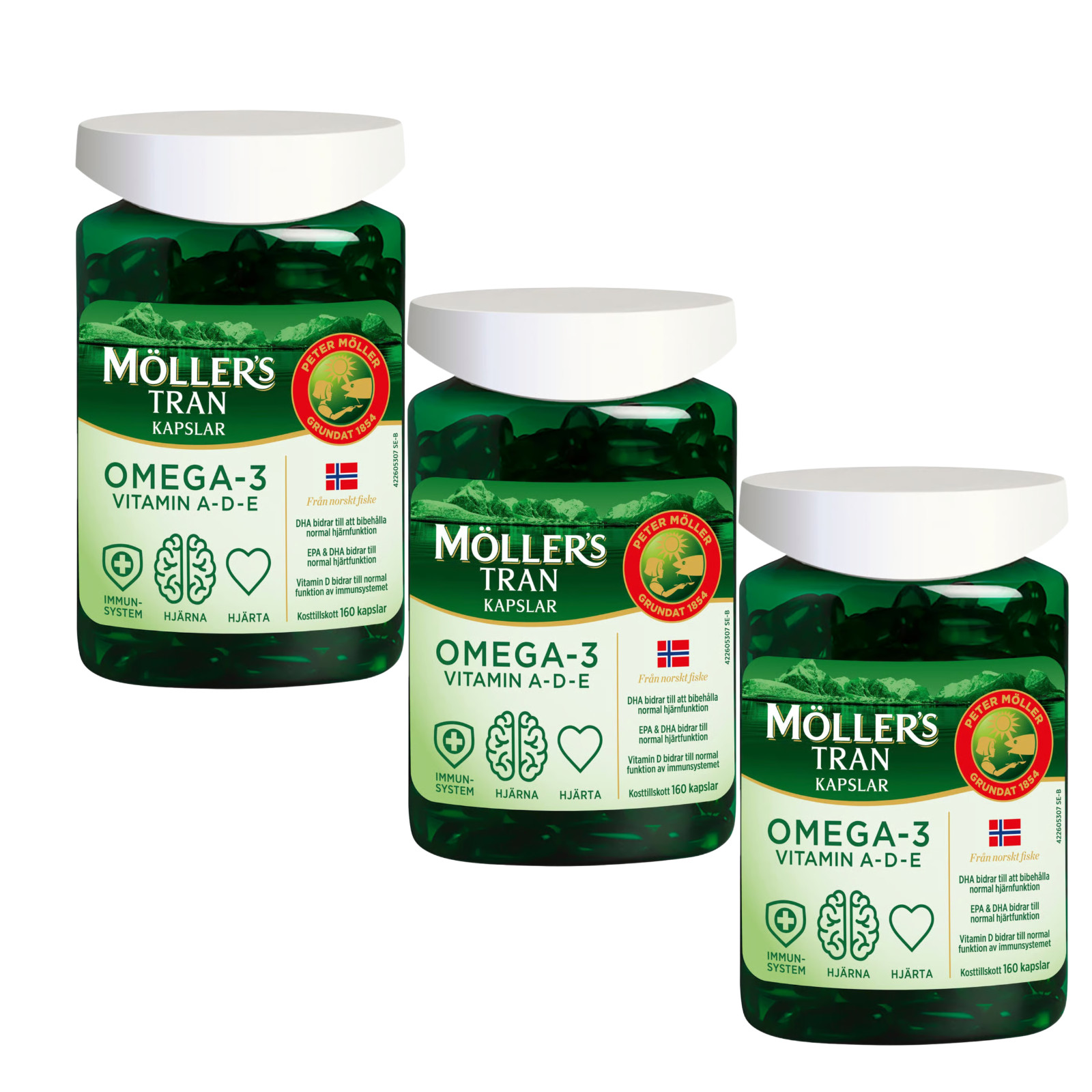 3x Möller’s Tran Omega-3 Capsules 160 Softgels Scandinavian Health Tradition