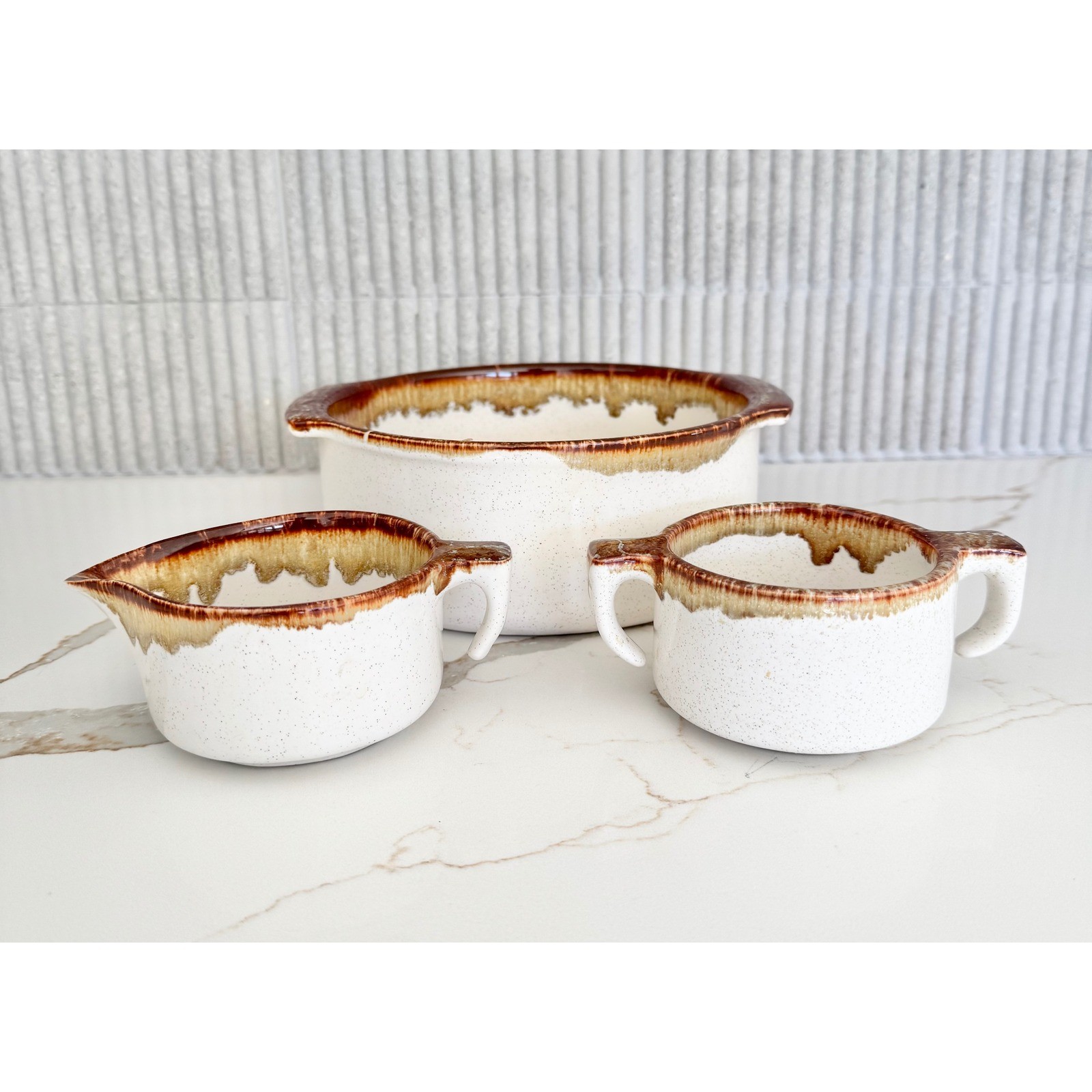 Vintage Pfaltzgraff Stoneware Casserole Servewear Set Cream Brown Drip Glaze 3pc