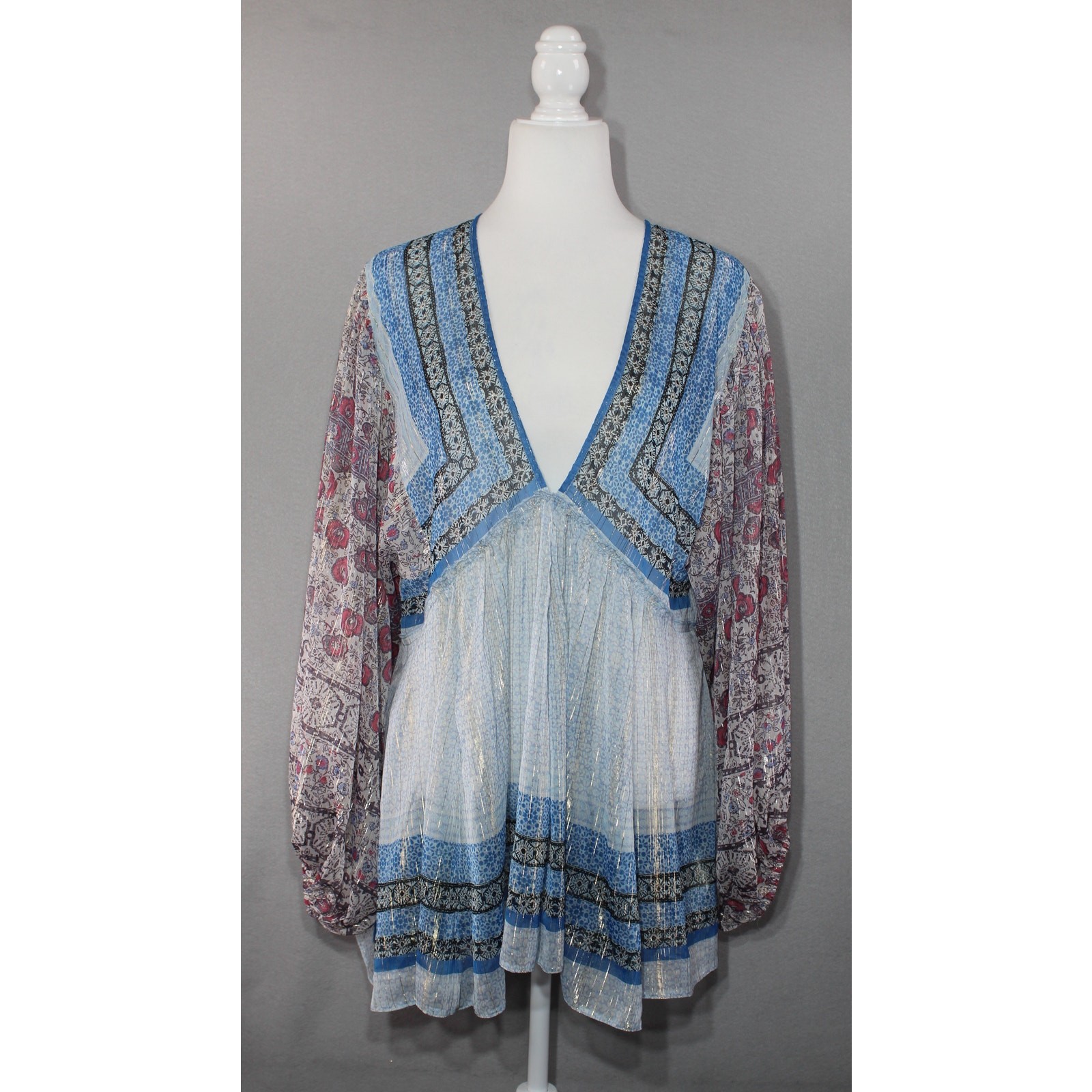 Free People Aliyah Printed Metallic Tunic Top Womens Large Sheer Oversized