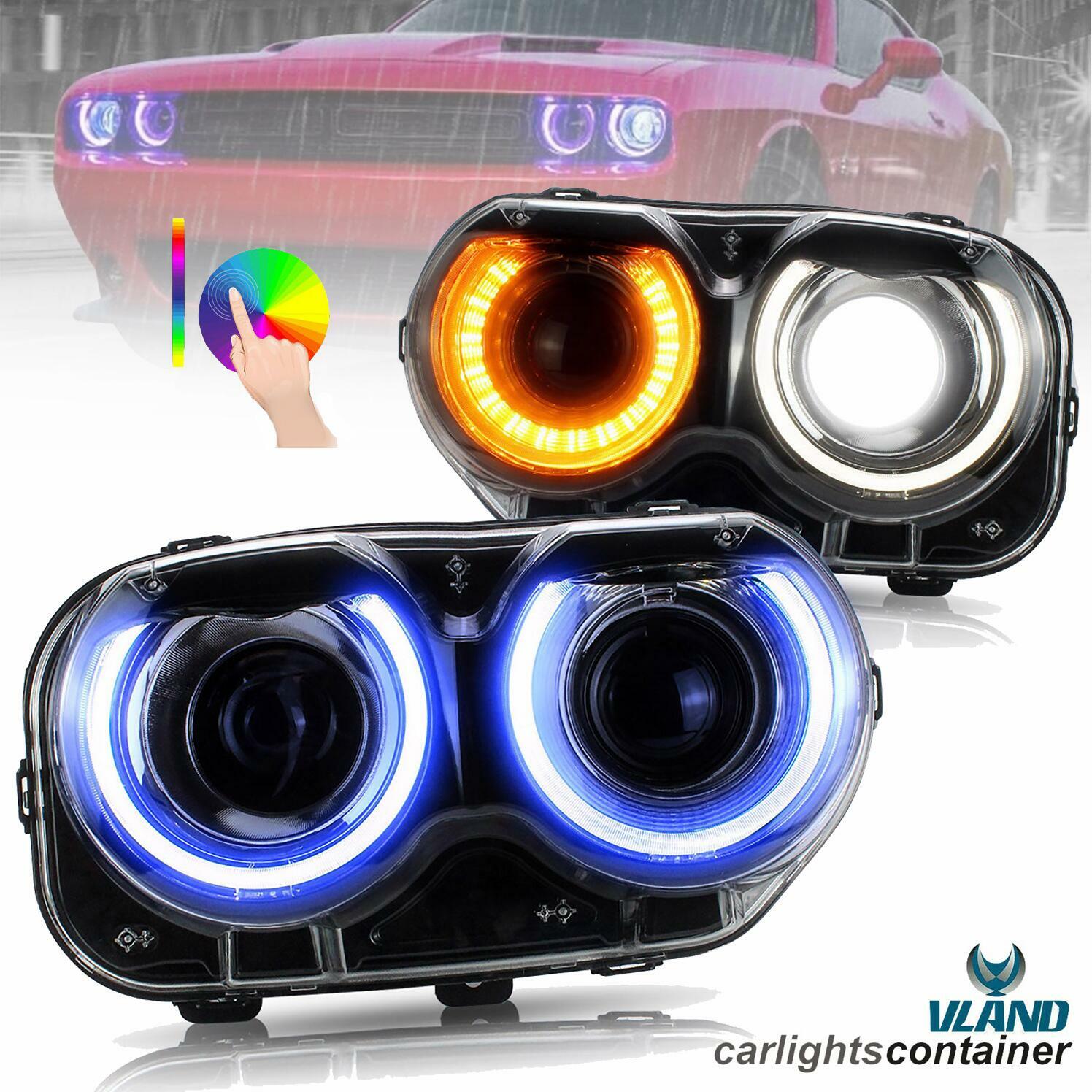 VLAND Dual Beam RGB LED Headlights For Dodge Challenger 2015-19 DRL Front Lamps